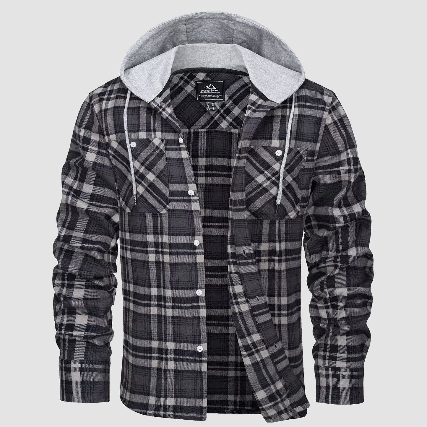 Men's plaid flannel hooded shirt jacket in cotton blend, relaxed fit with button closure