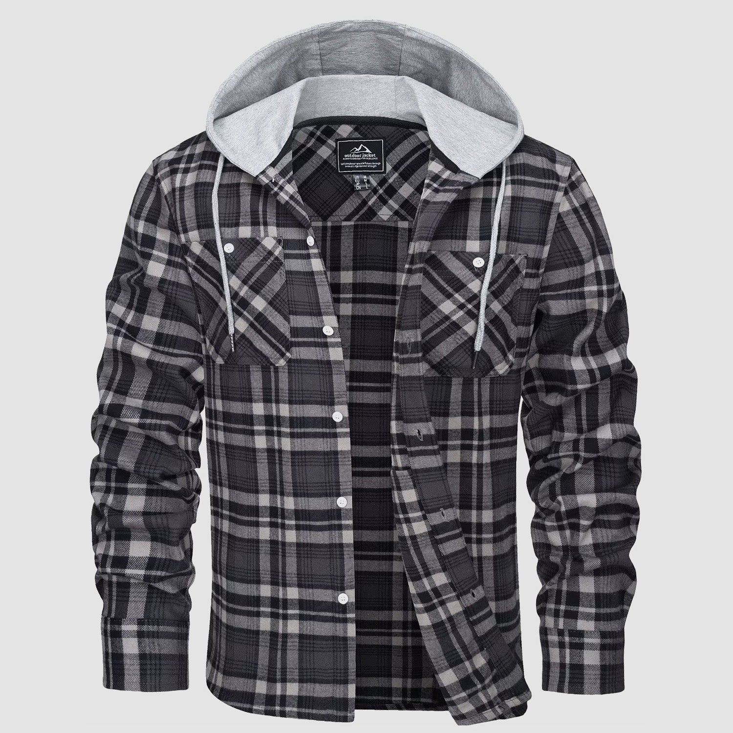 Men's plaid flannel hooded shirt jacket in cotton blend, relaxed fit with button closure