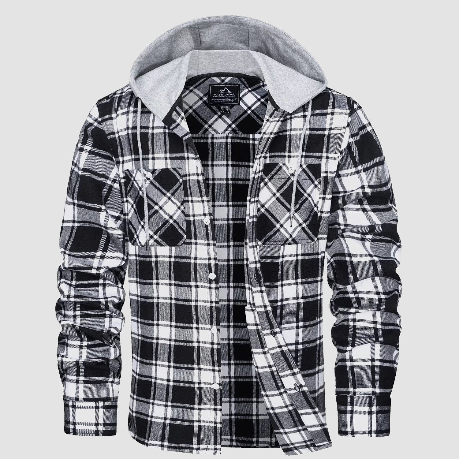 Men's plaid flannel shirt jacket with hood, faux fur lining, windproof quilted shell for outdoor wear