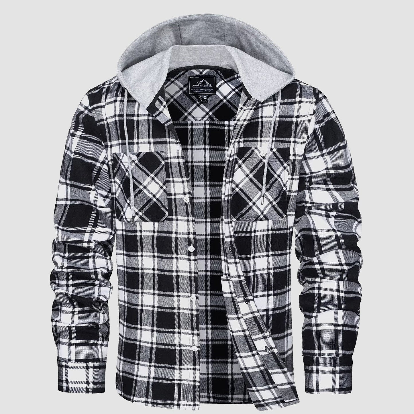 Men's plaid flannel hooded shirt jacket in cotton blend, relaxed fit with button closure