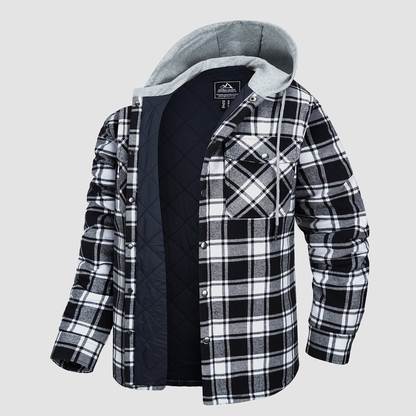 Men's quilted flannel hooded jacket windproof lightweight urban casual outerwear warm comfort