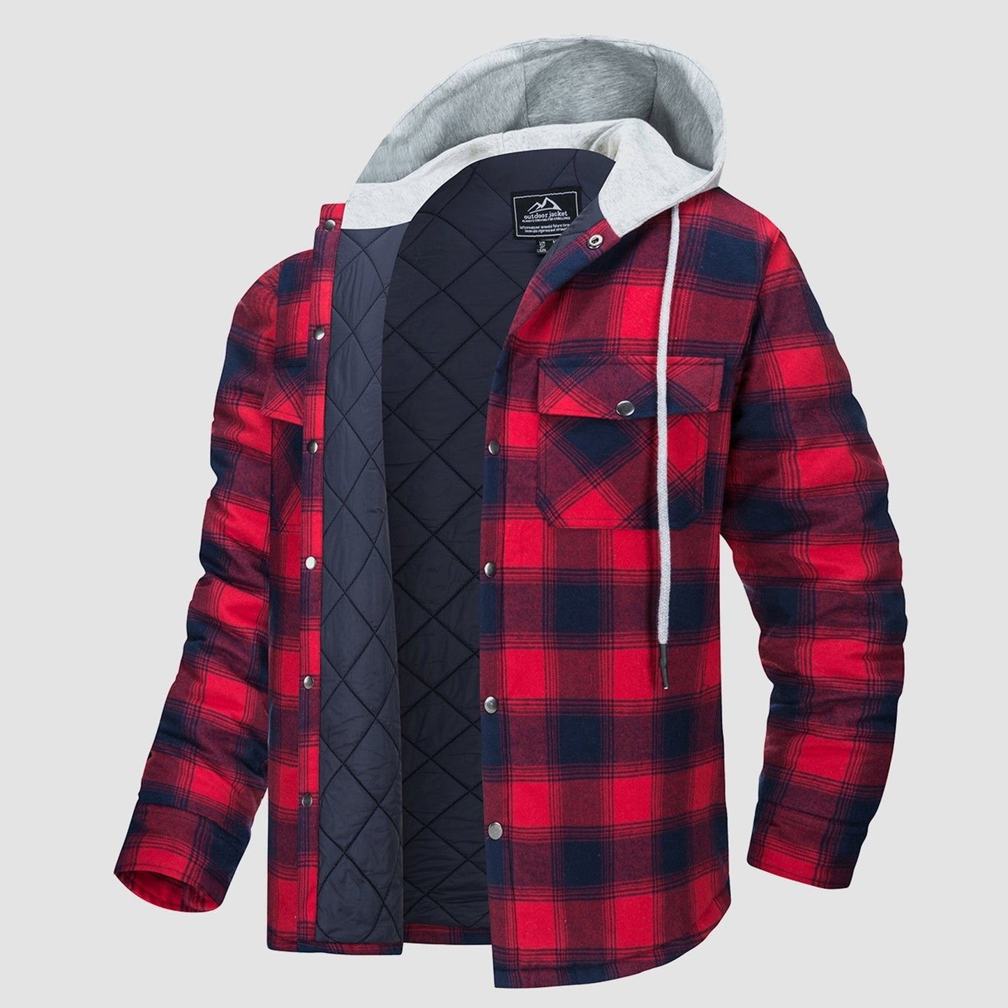 Men's quilted flannel hooded jacket windproof lightweight cotton shell for urban outdoor wear