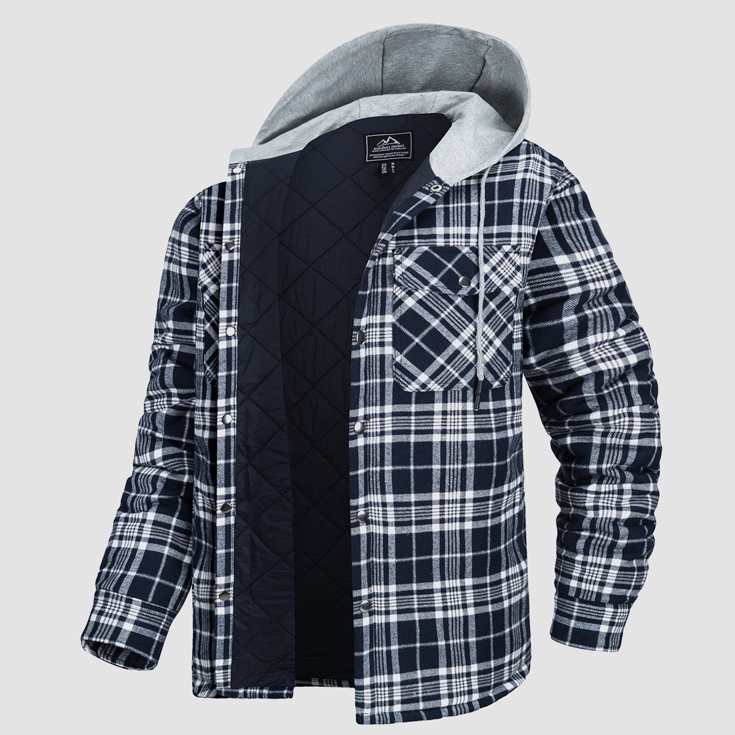 Men's quilted flannel hooded jacket windproof lightweight cotton shell for urban casual wear