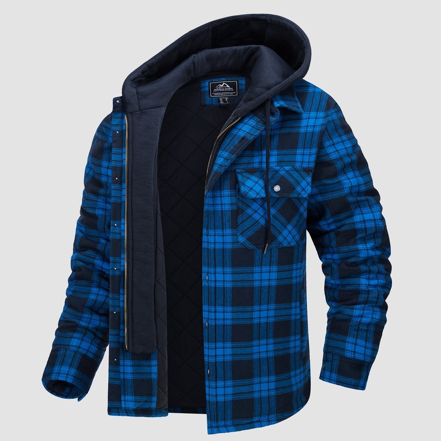 Men's plaid flannel jacket removable hood 5-pocket cotton shell thick polyester lining all-weather