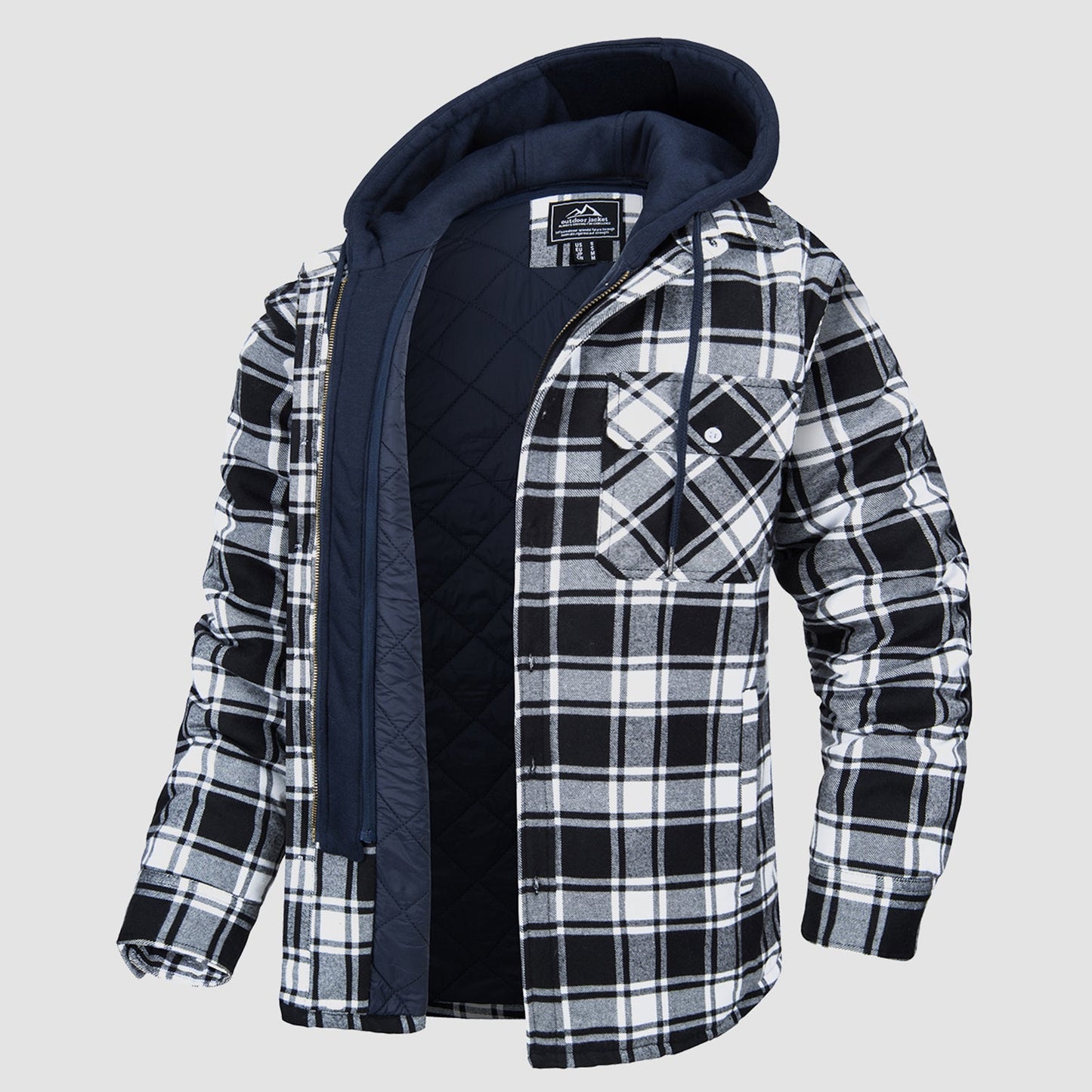 Men's plaid flannel jacket removable hood 5-pocket cotton shell thick polyester lining all-weather