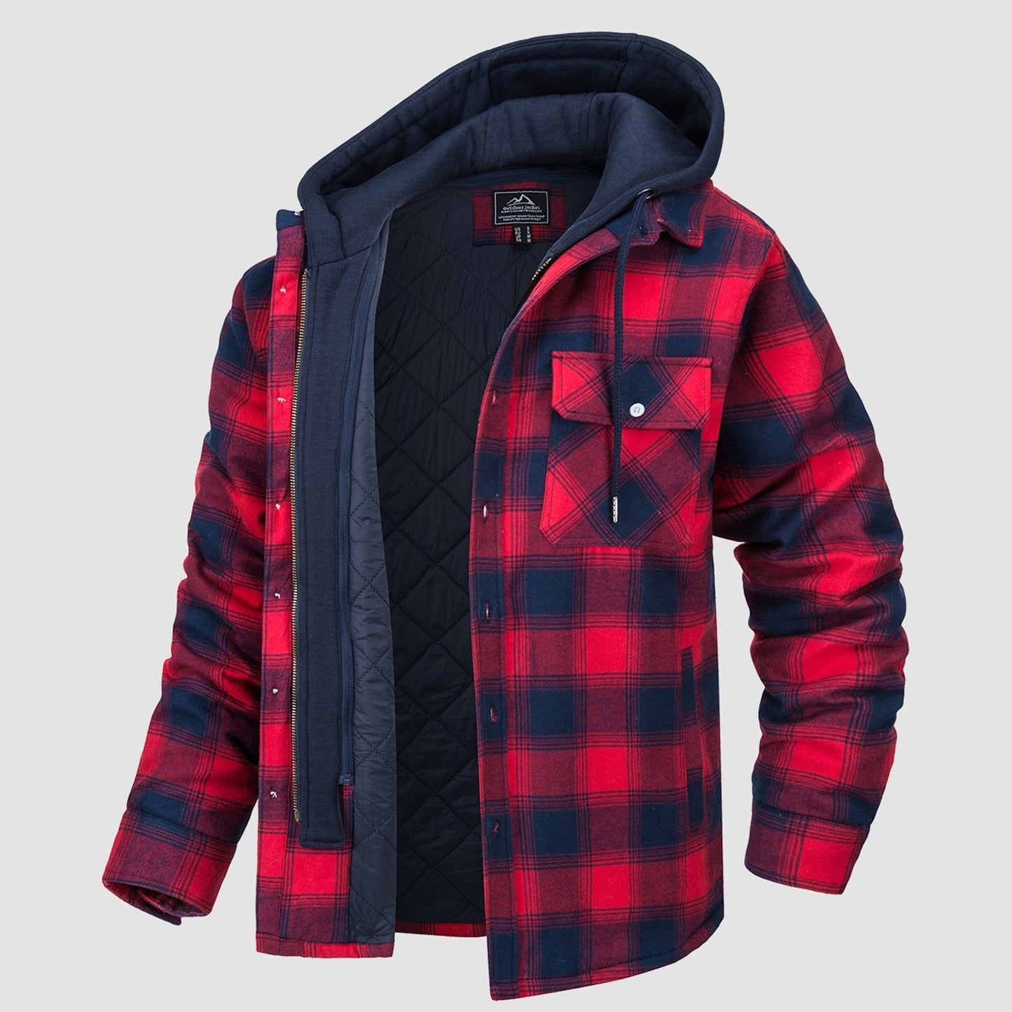 Men's plaid flannel jacket with removable hood, thick polyester lining, and 5-pocket design for all-weather warmth