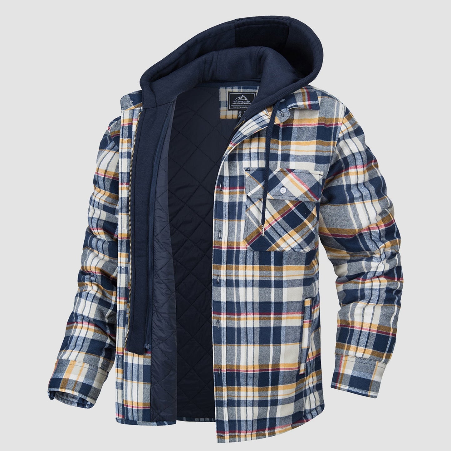 Men's plaid flannel jacket with removable hood, 5-pocket design, cotton shell and thick polyester lining