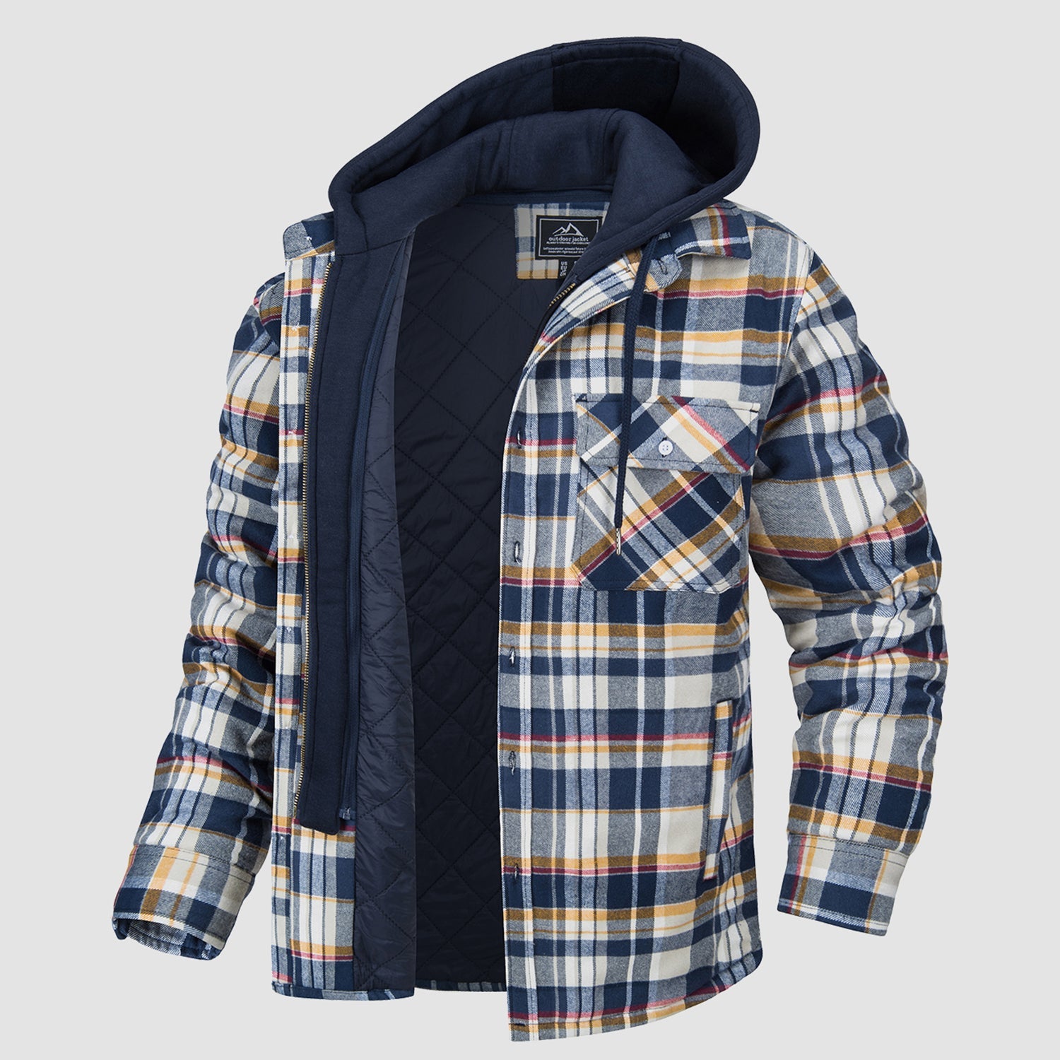 Men's plaid flannel jacket with removable hood, 5-pocket design, cotton shell and thick polyester lining