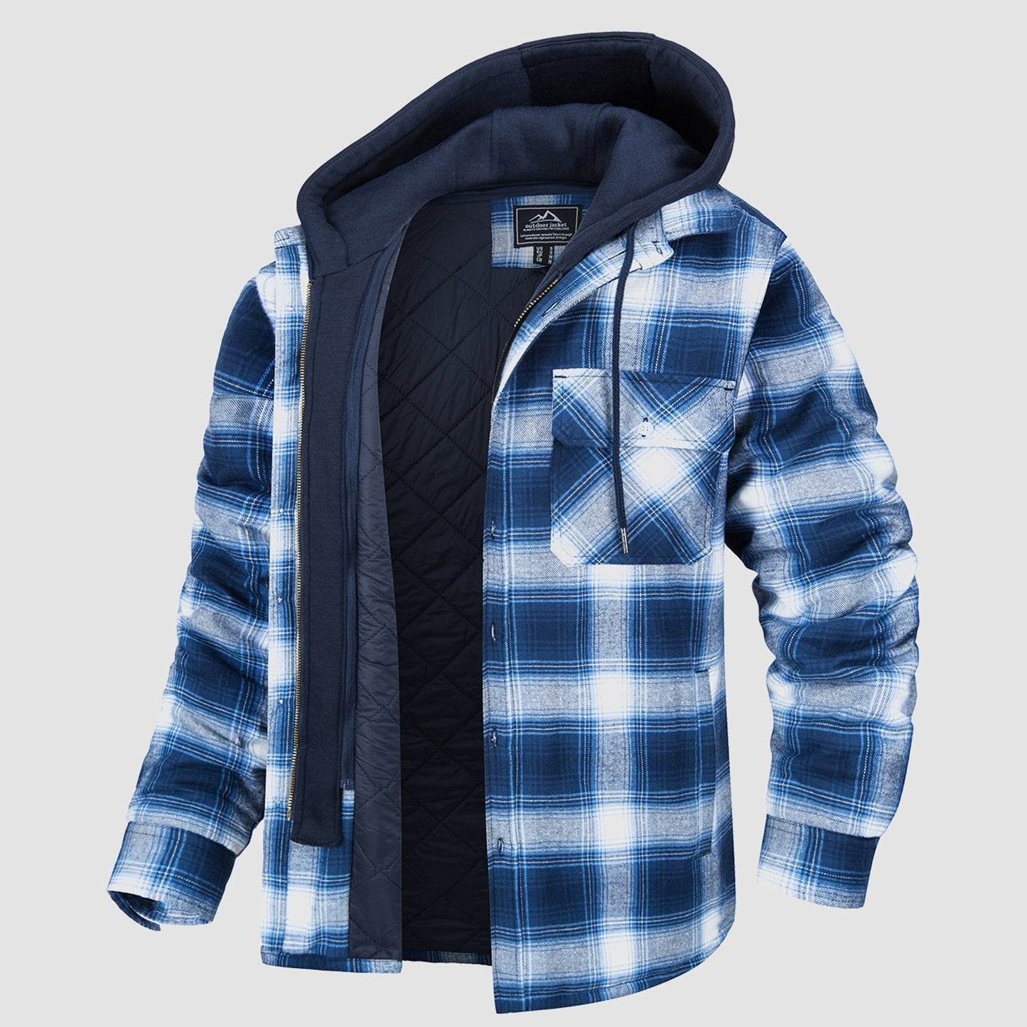 Men's plaid flannel jacket removable hood 5-pocket cotton shell thick polyester lining all-weather warmth