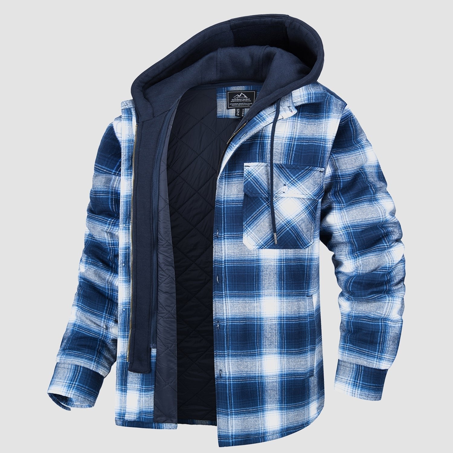 Men's plaid flannel jacket removable hood 5-pocket cotton shell thick polyester lining all-weather warmth
