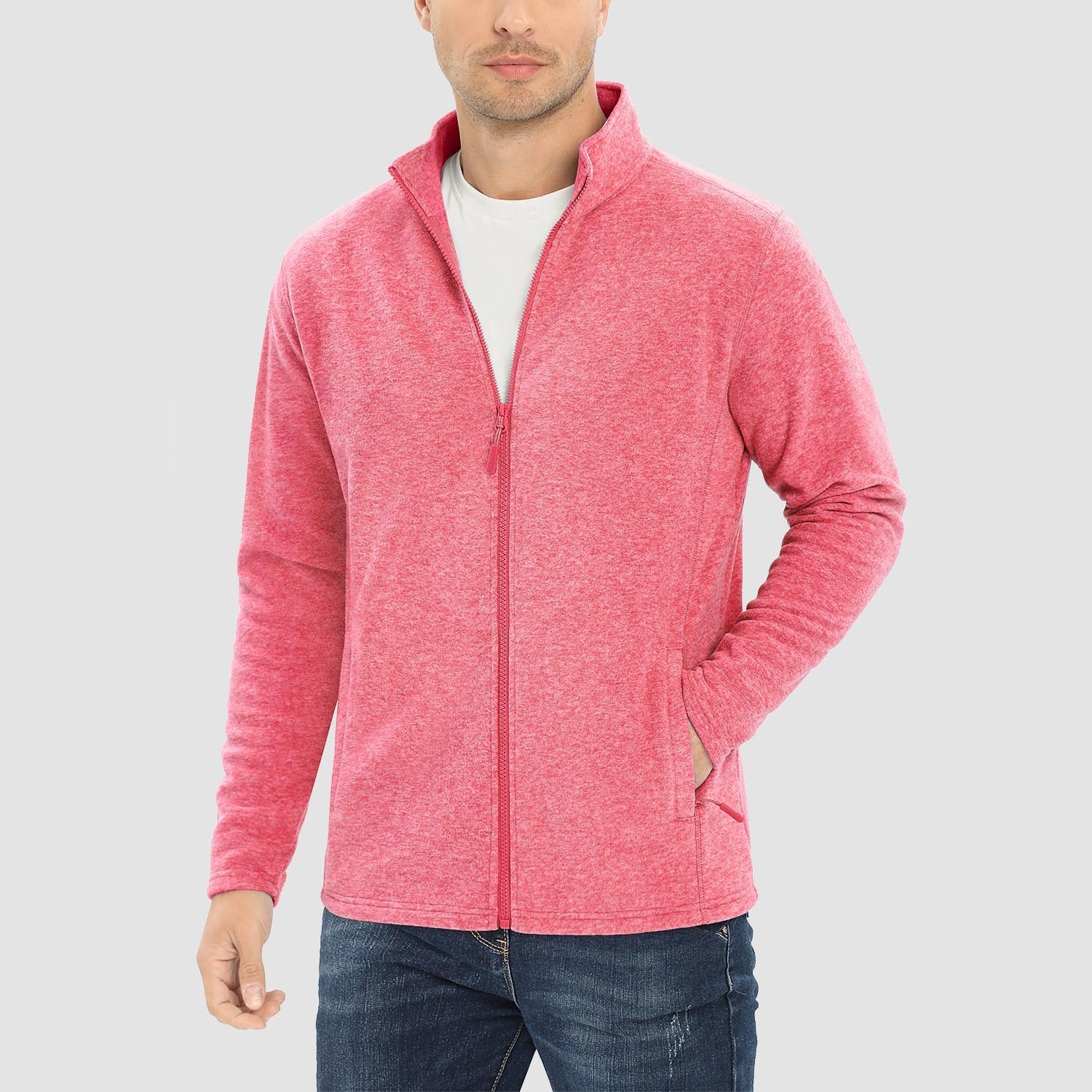 Men's windproof thermal fleece jacket zip-up stand collar coat with elastic cuffs and zipper pockets