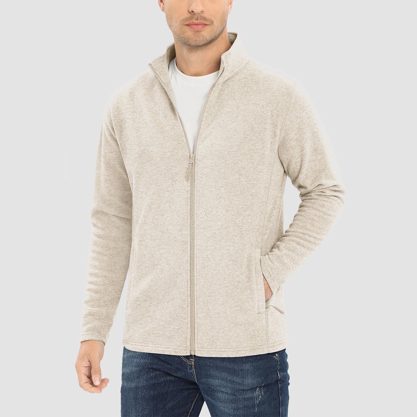 Men's windproof thermal fleece zip-up jacket stand collar coat with elastic cuffs and zipper pockets