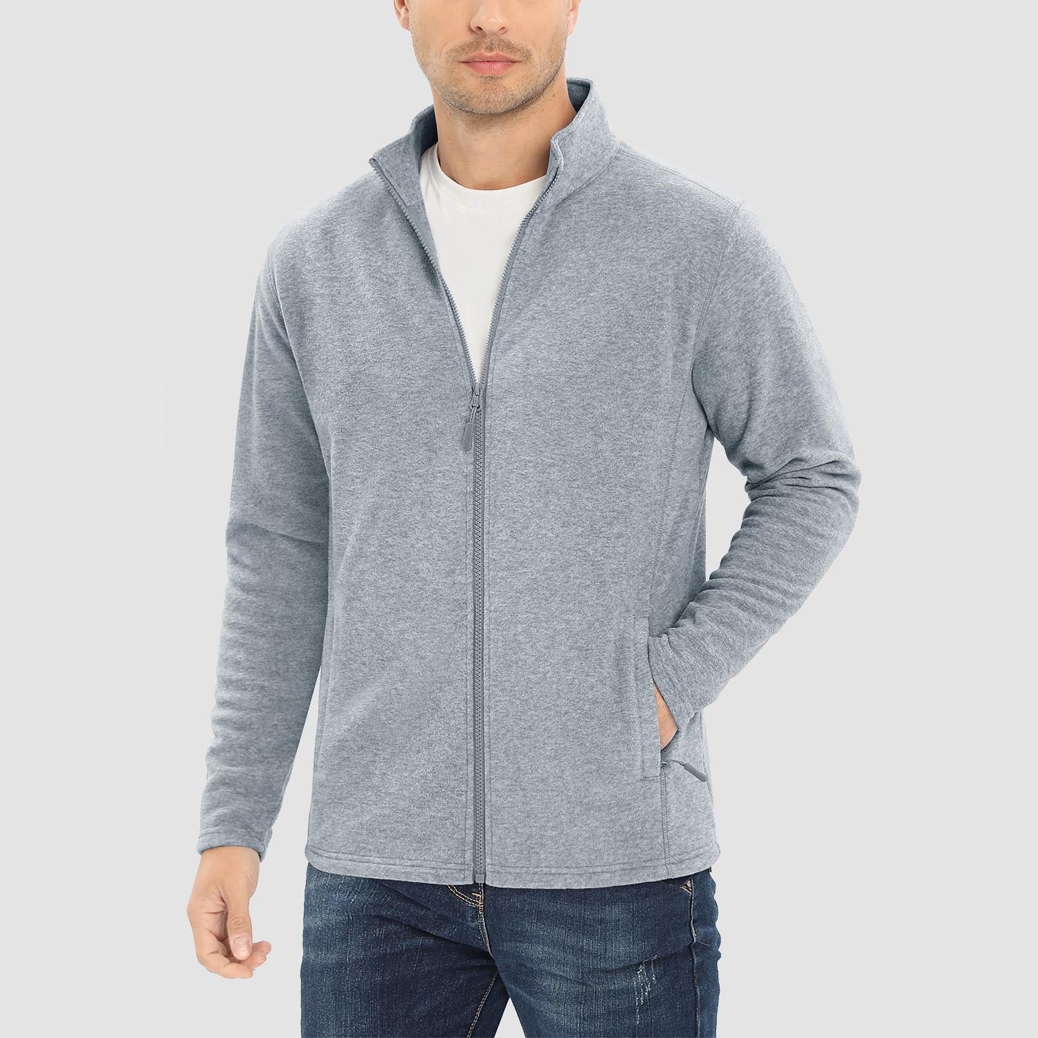 Men's windproof thermal fleece zip-up jacket with stand collar, elastic cuffs, and zipper pockets