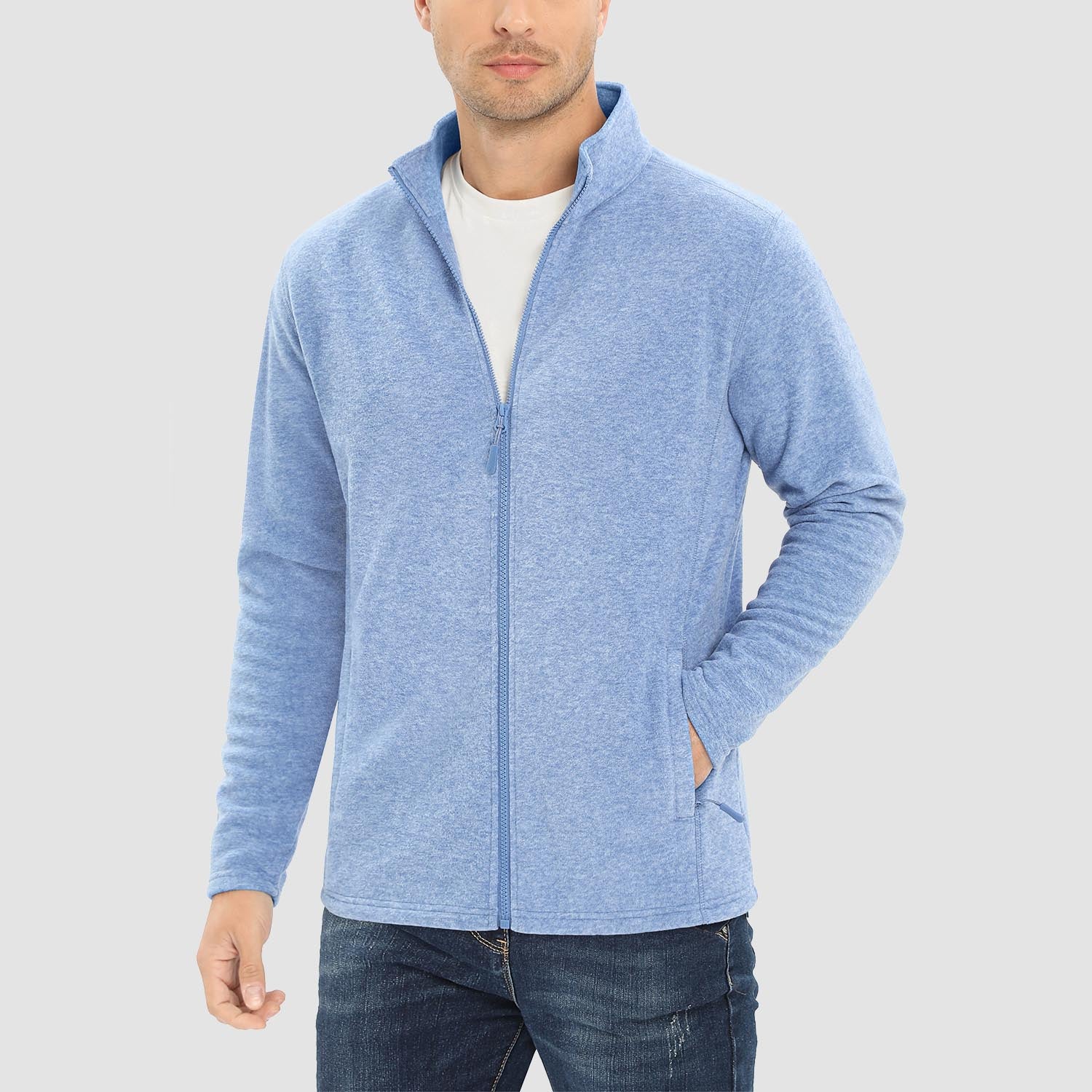 Men's windproof thermal fleece zip-up jacket stand collar coat with elastic cuffs and zipper pockets