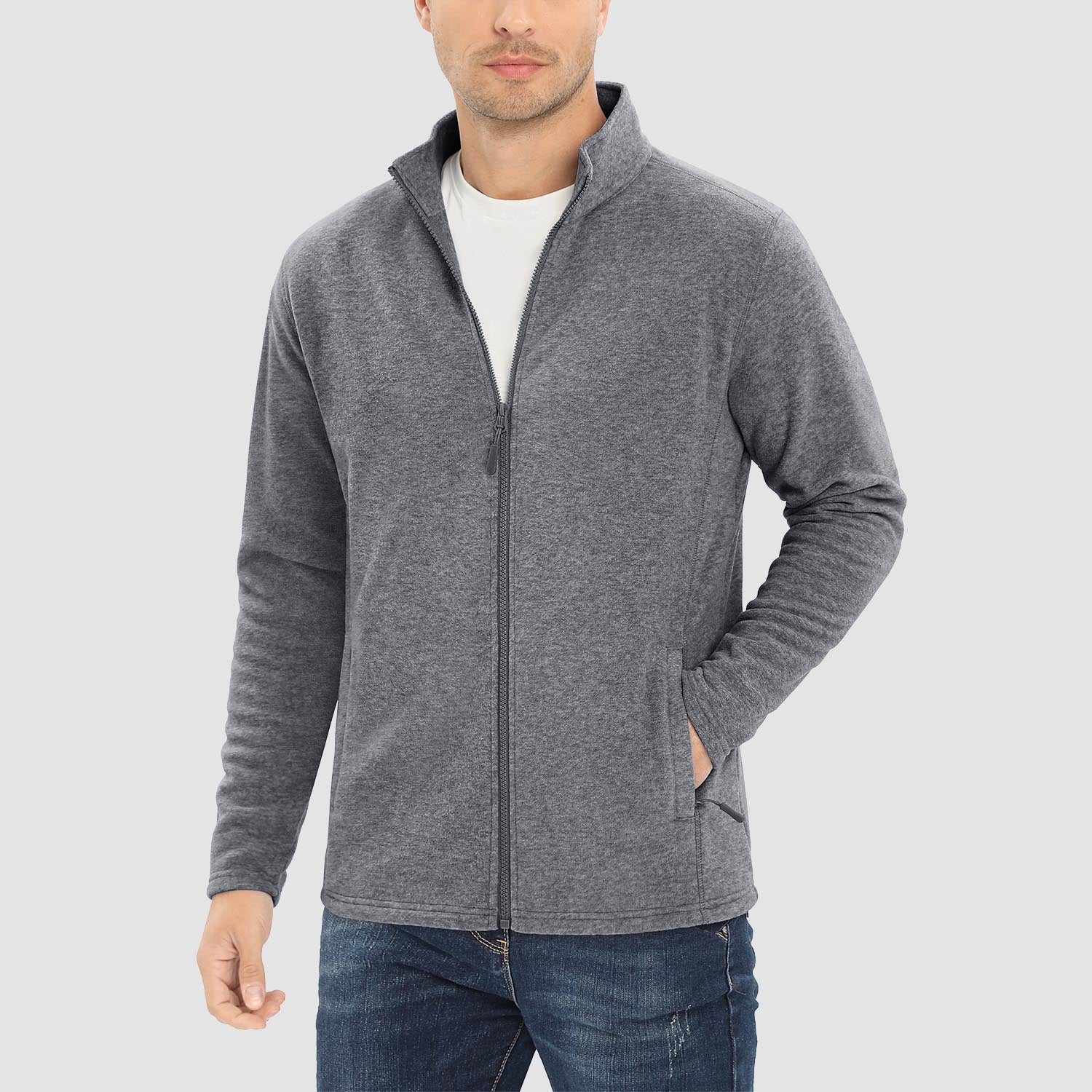 Men's windproof thermal fleece zip-up jacket stand collar coat with elastic cuffs and zipper pockets