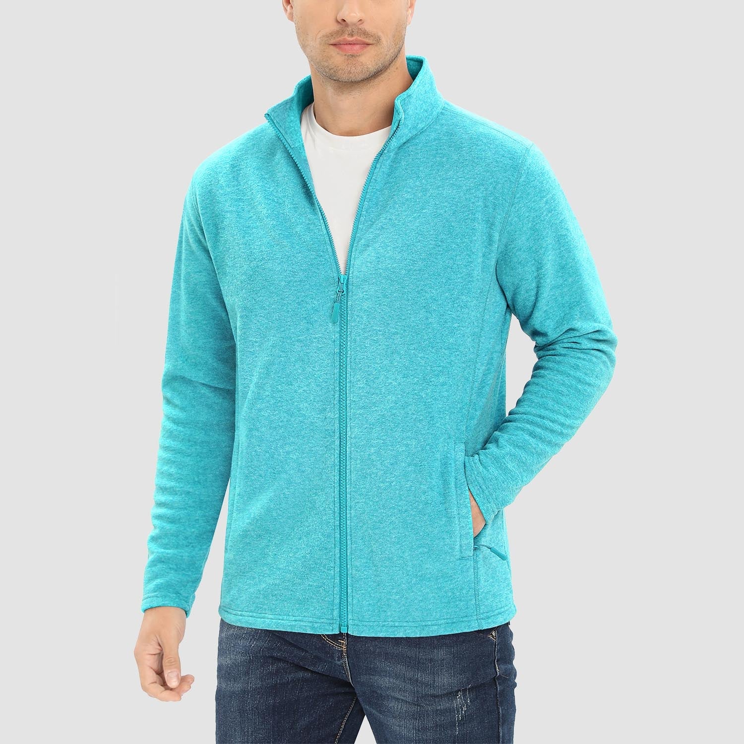 Men's windproof fleece zip-up jacket stand collar thermal coat with elastic cuffs and zipper pockets