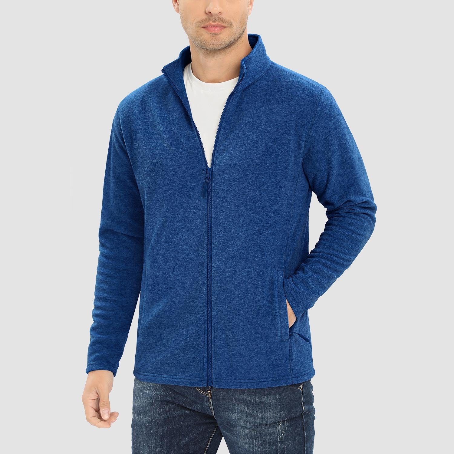 Men's thermal fleece zip-up jacket stand collar windproof coat with elastic cuffs and zipper pockets