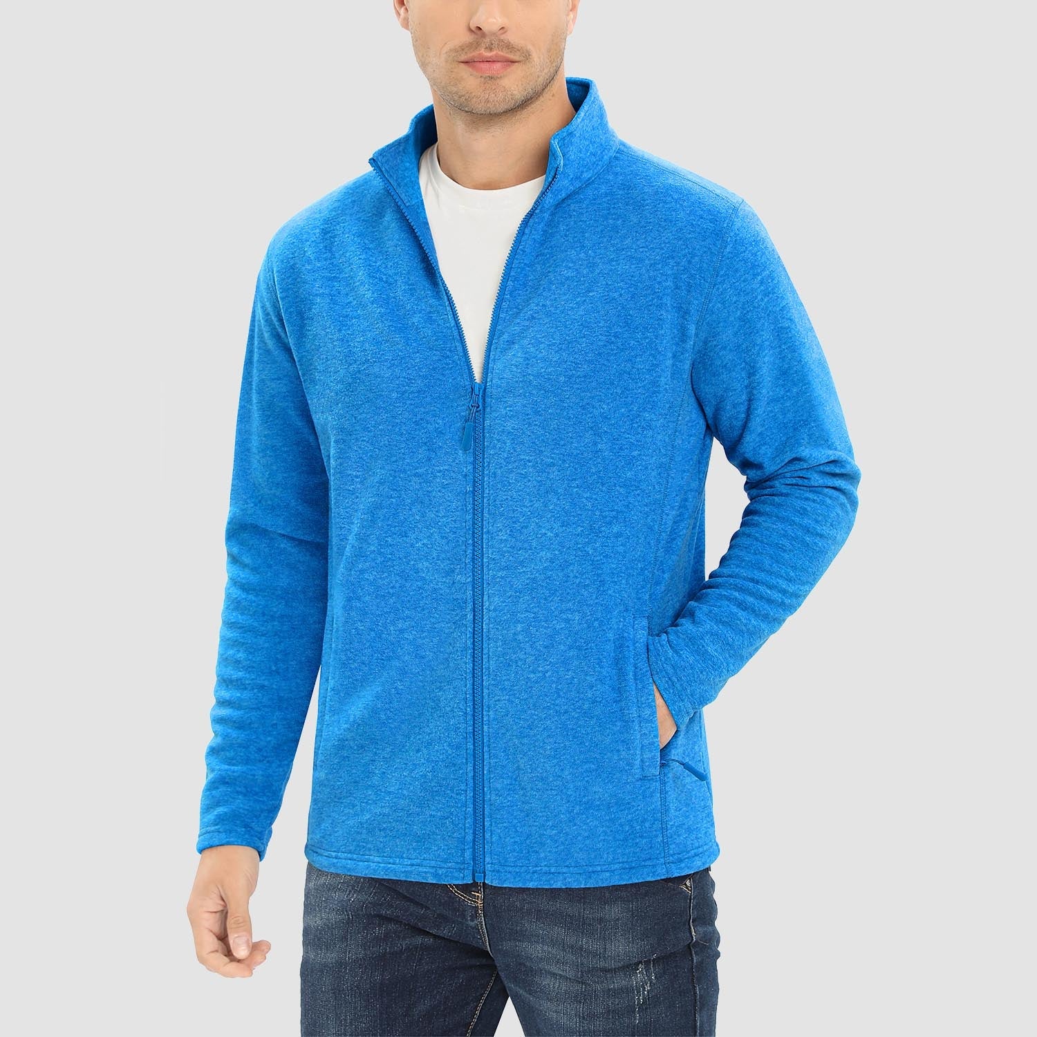Men's fleece zip-up jacket stand collar windproof thermal coat with elastic cuffs and zipper pockets