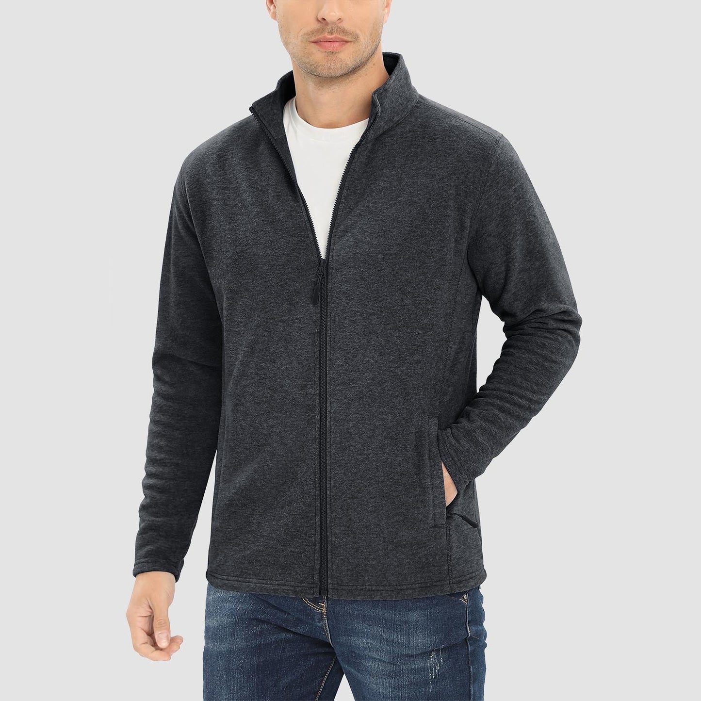Men's windproof thermal fleece zip-up jacket stand collar coat with elastic cuffs and zipper pockets