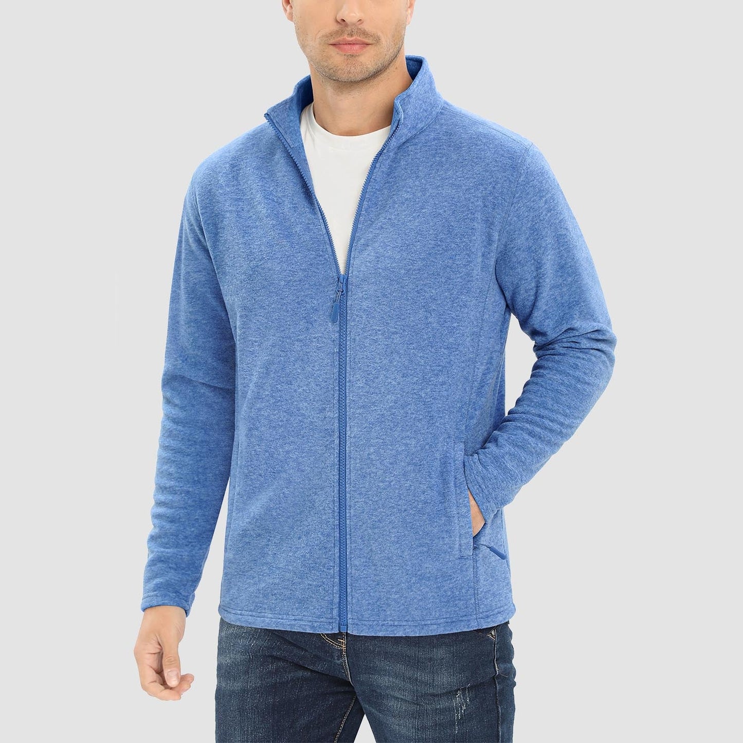 Men's fleece zip-up jacket stand collar windproof thermal coat with elastic cuffs and zipper pockets