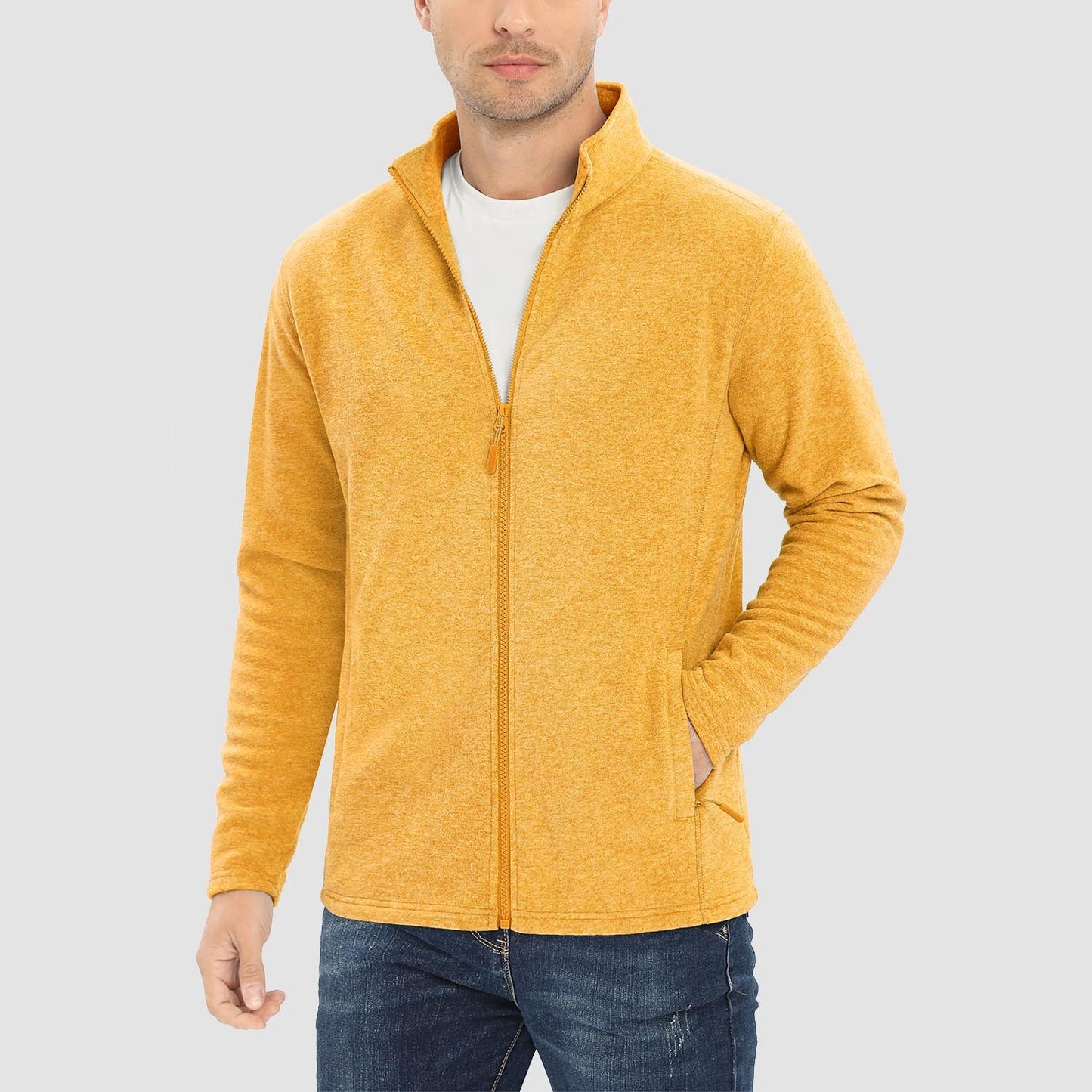 Men's thermal fleece zip-up jacket with stand collar, windproof coat featuring elastic cuffs