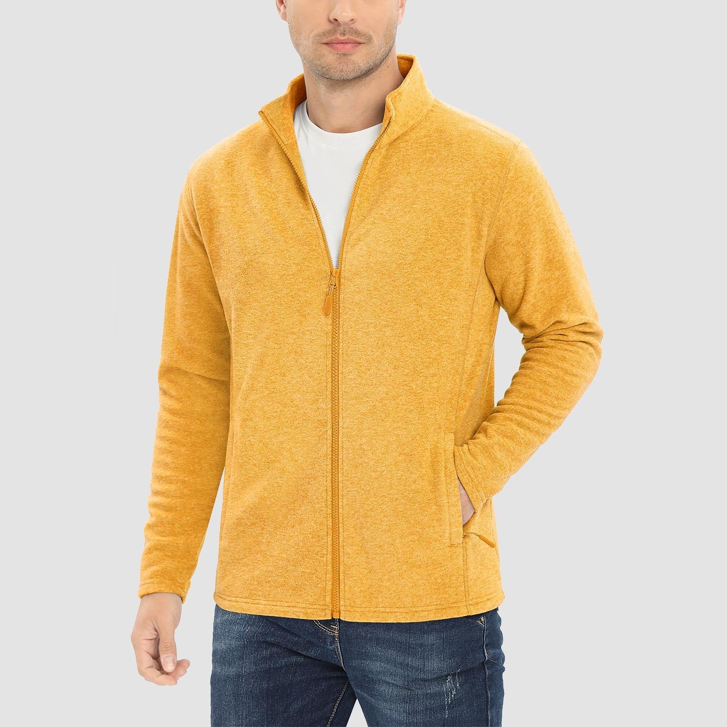 Men's thermal fleece zip-up jacket with stand collar, windproof coat featuring elastic cuffs