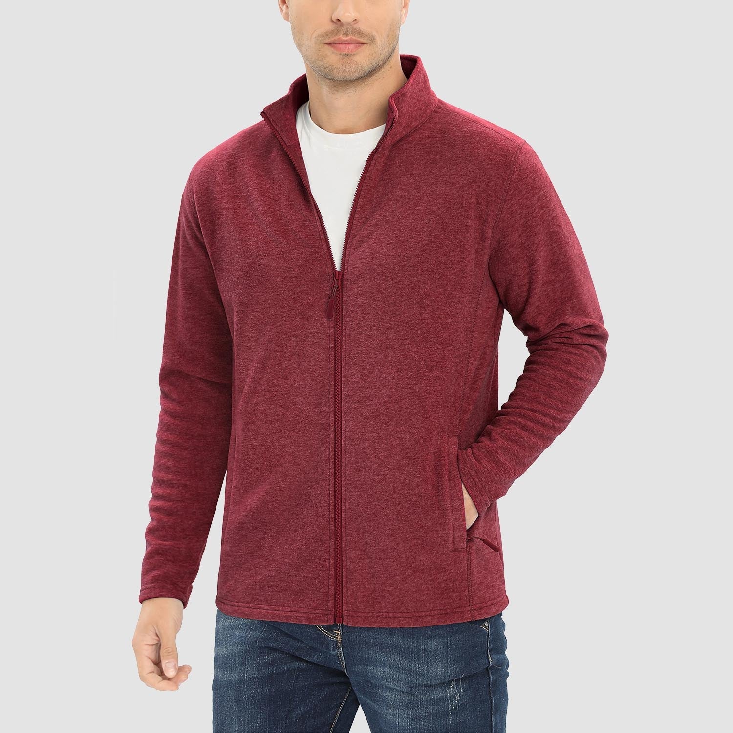 Men's windproof thermal fleece jacket zip-up stand collar coat with elastic cuffs and zipper pockets