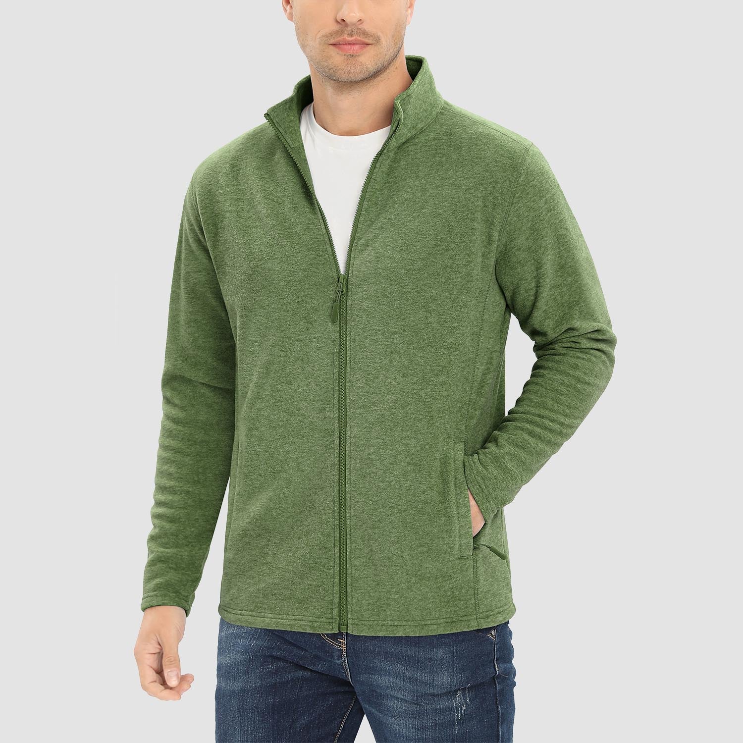 Men's windproof thermal fleece jacket zip-up stand collar coat with elastic cuffs and zipper pockets