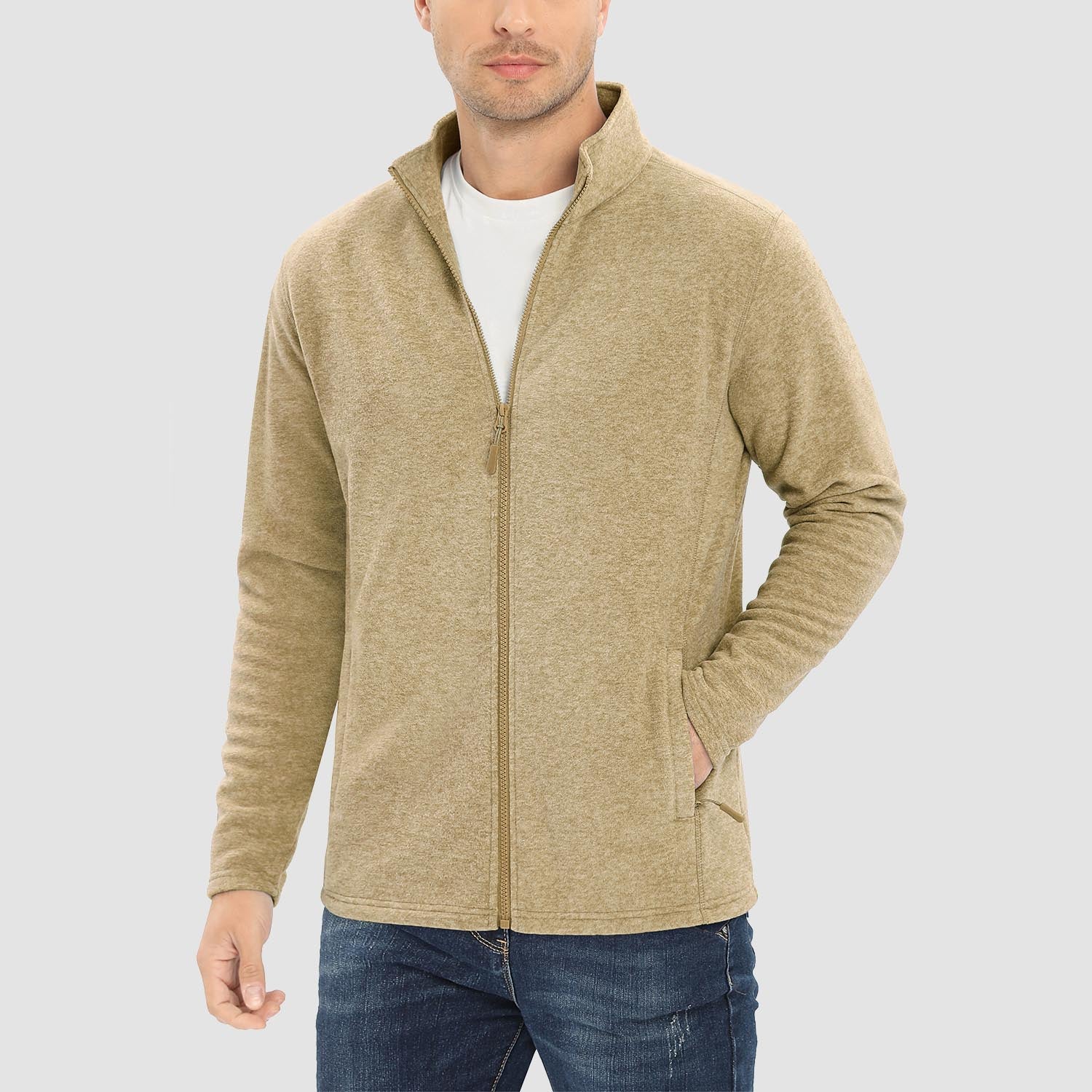 Men's windproof thermal fleece zip-up jacket stand collar coat with elastic cuffs and zipper pockets