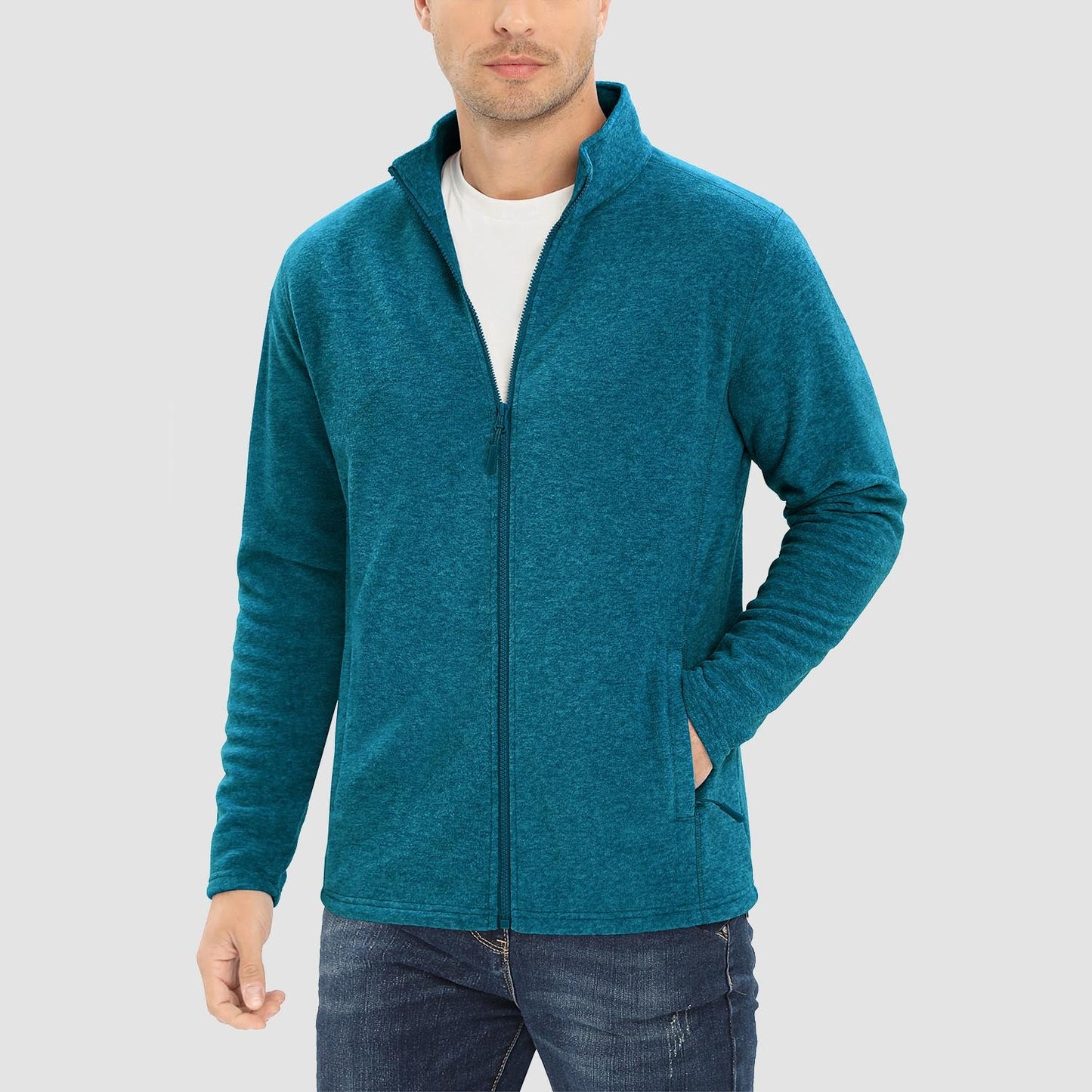 Men's windproof thermal fleece zip-up jacket stand collar with elastic cuffs and zipper pockets