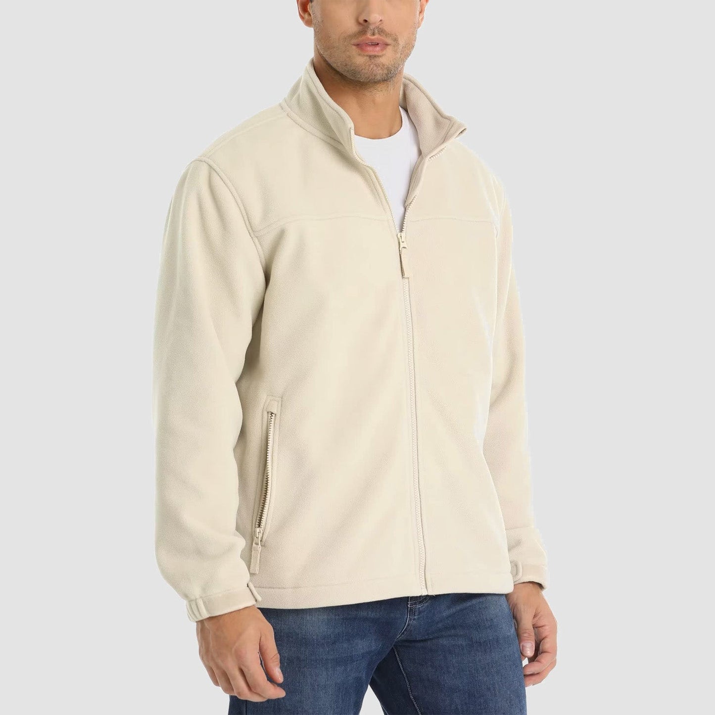 Men's lightweight full-zip fleece jacket with stand-up collar, chin guard, and 4 pockets