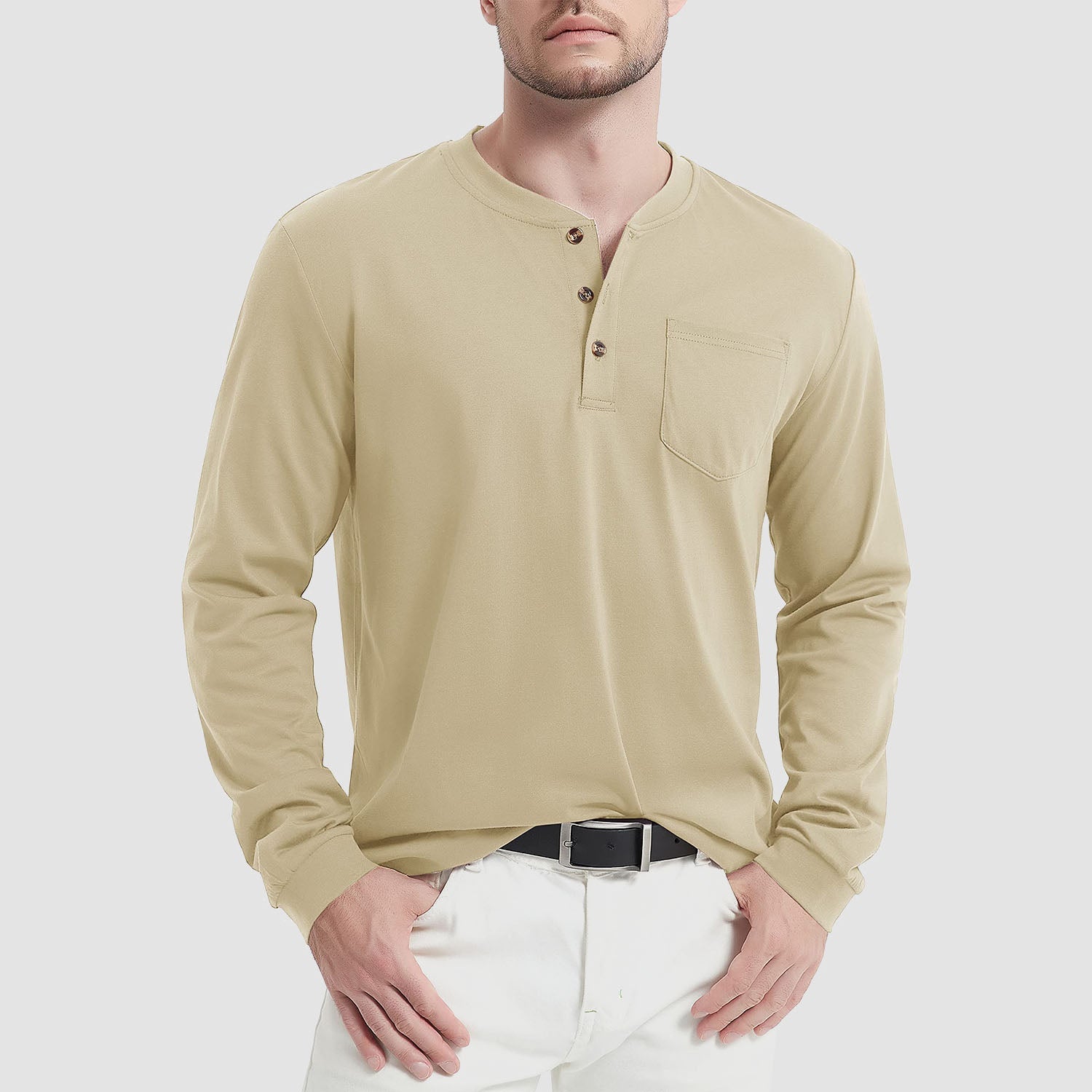 Men's classic fit long sleeve cotton Henley shirt, breathable soft-touch fabric for everyday comfort