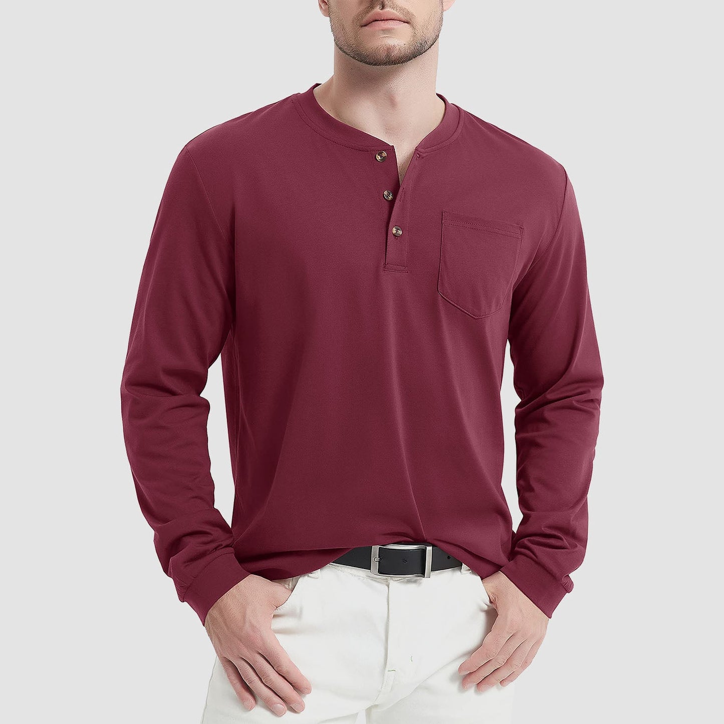 Men's classic fit long sleeve cotton Henley shirt, breathable soft-touch fabric for everyday comfort