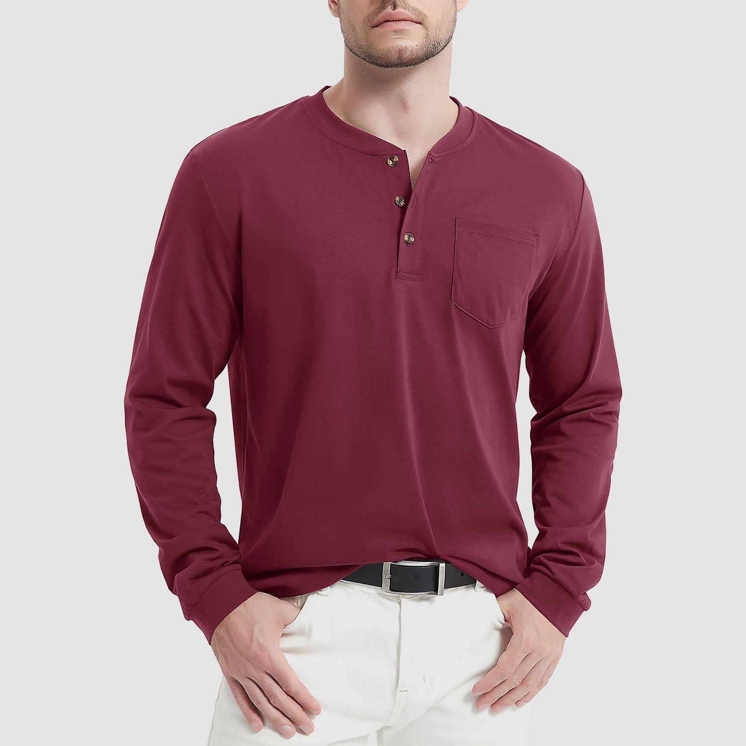 Men's classic fit long sleeve cotton Henley shirt, breathable soft-touch fabric for everyday comfort
