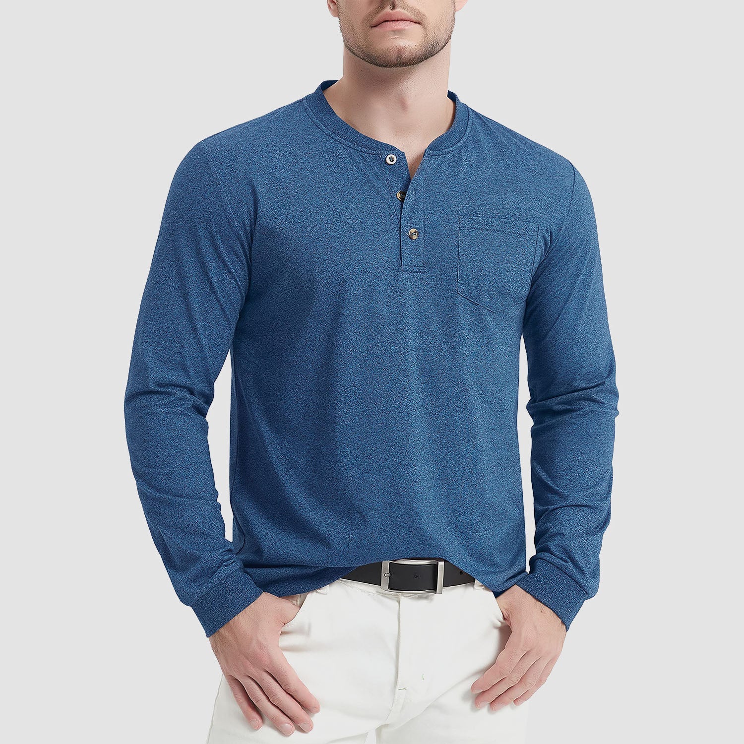 Men's classic fit long sleeve cotton Henley shirt, breathable soft-touch fabric for everyday comfort