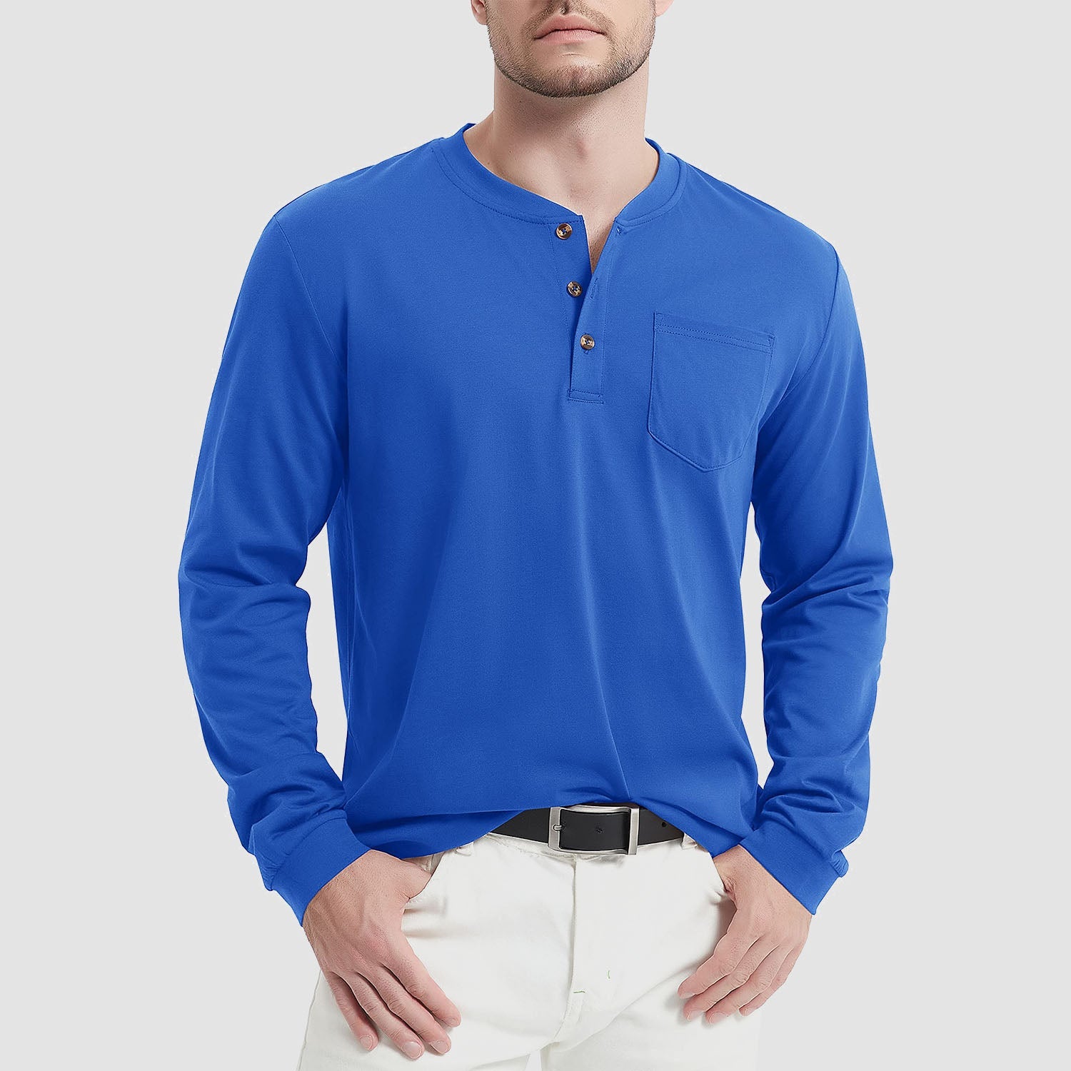 Men's classic fit long sleeve cotton Henley shirt, breathable soft-touch fabric for everyday comfort