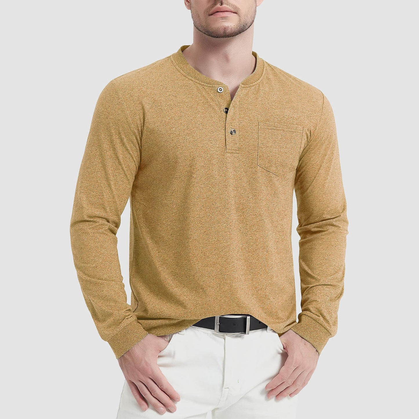 Men's classic fit cotton Henley shirt long sleeve soft breathable everyday comfort solid color