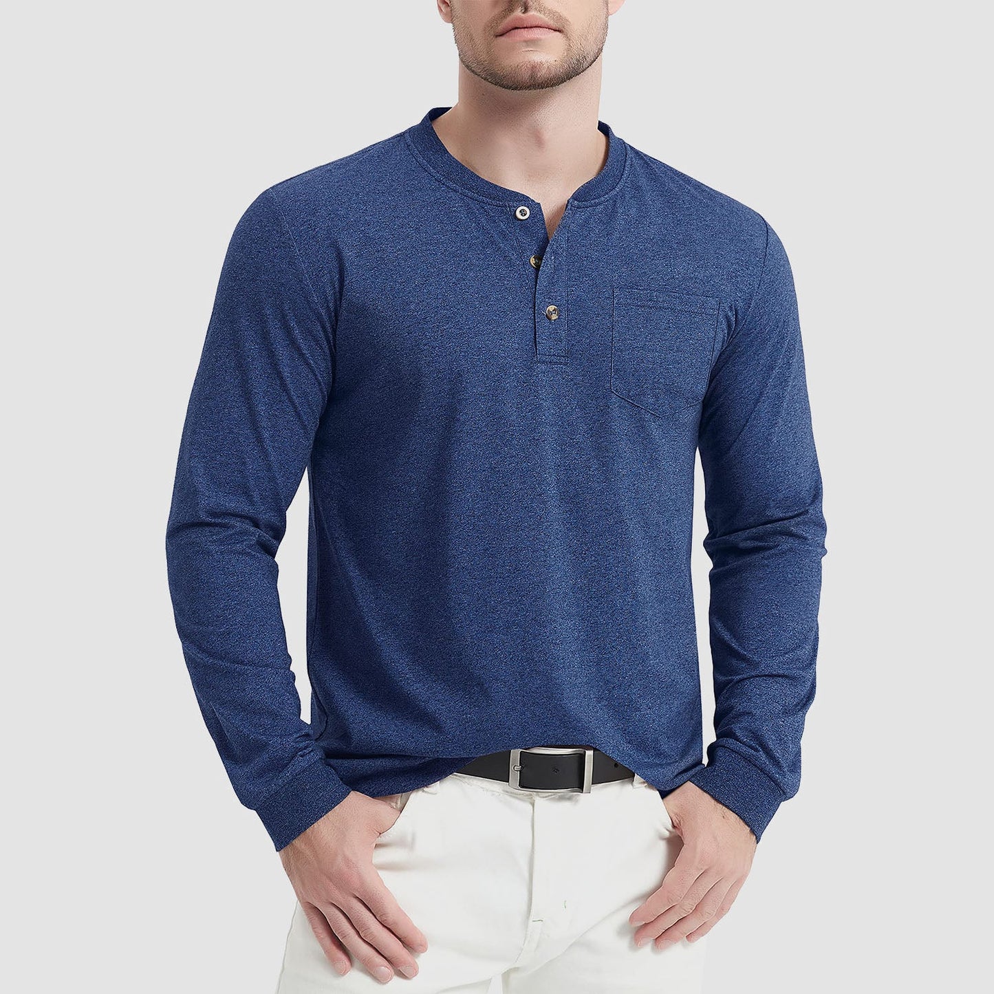 Men's classic fit long sleeve cotton Henley shirt, soft breathable everyday comfort tee