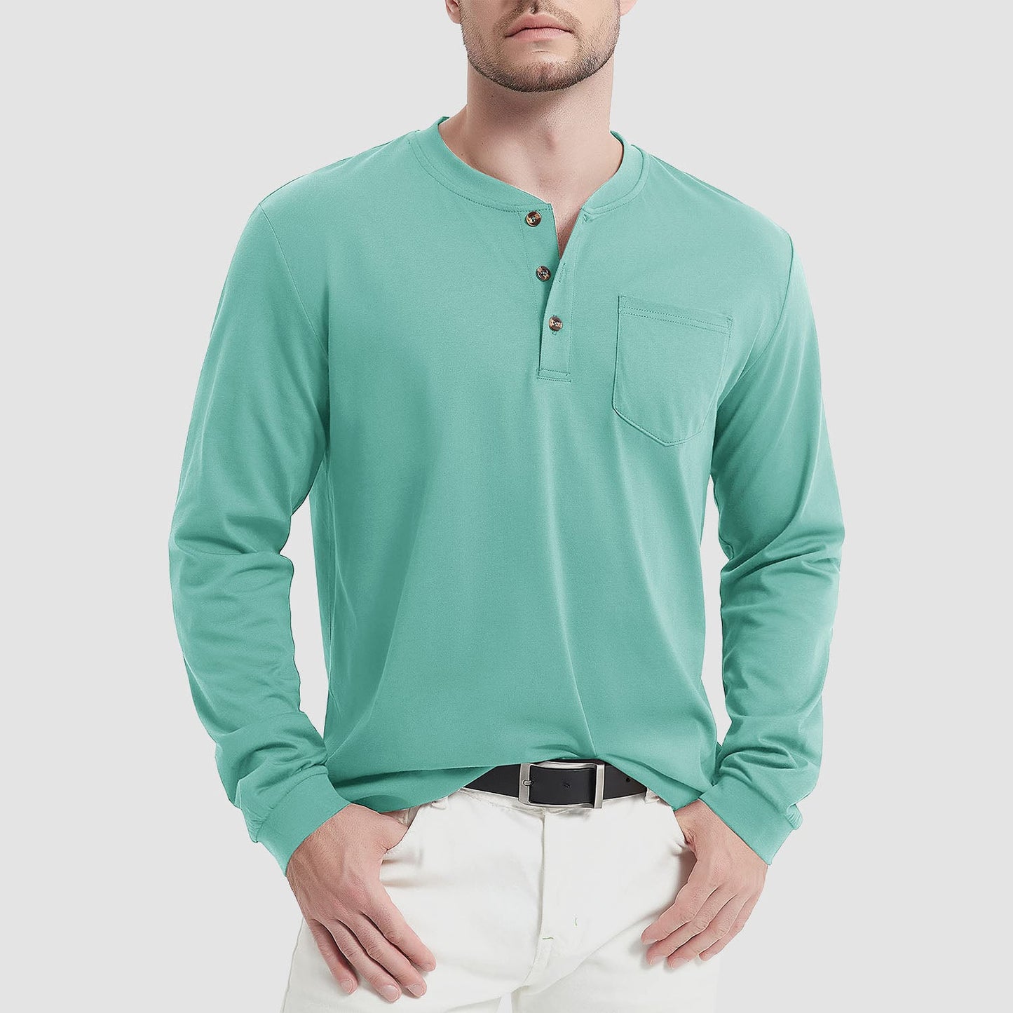 Men's classic fit cotton Henley shirt long sleeve breathable soft touch everyday comfort