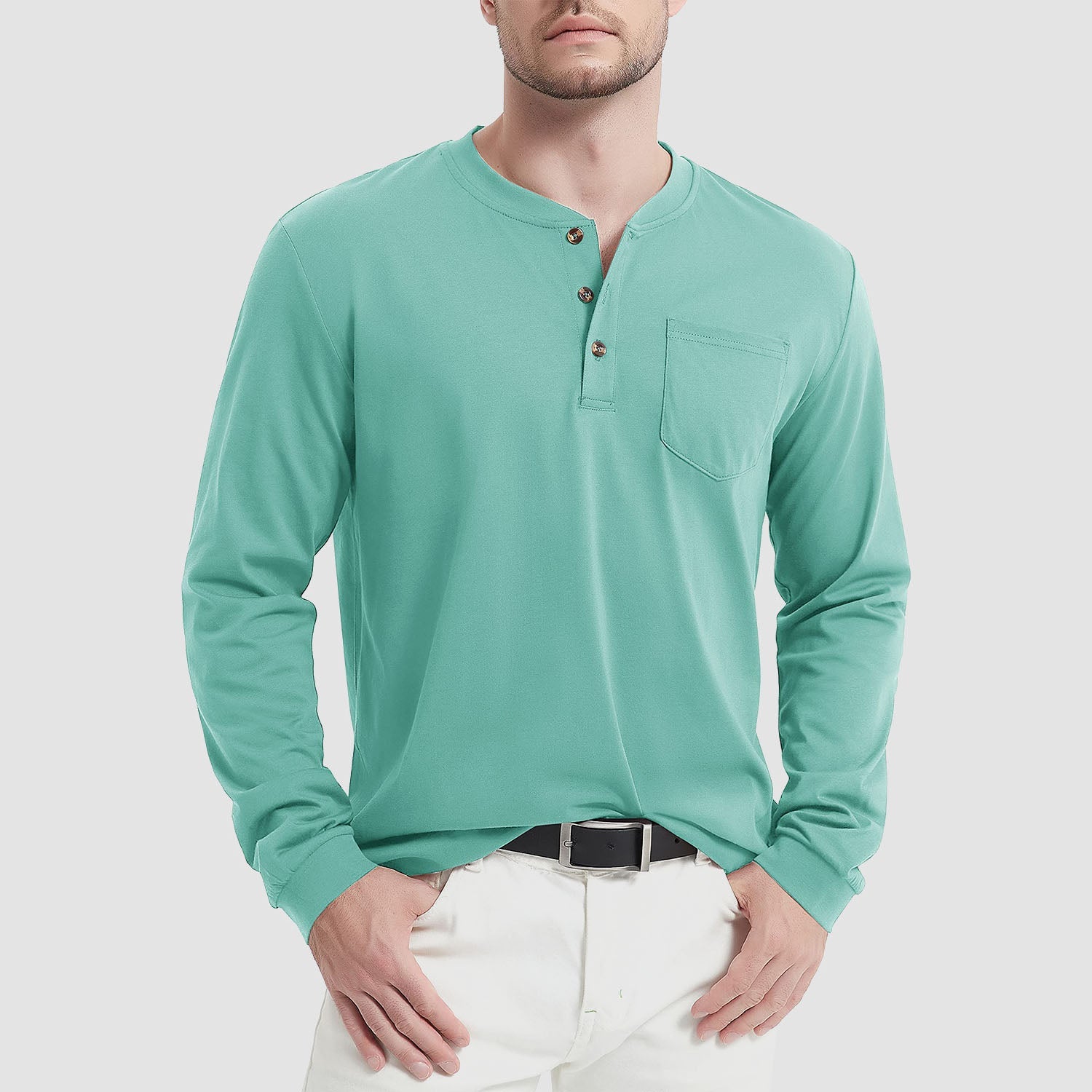 Men's classic fit cotton Henley shirt long sleeve breathable soft touch everyday comfort