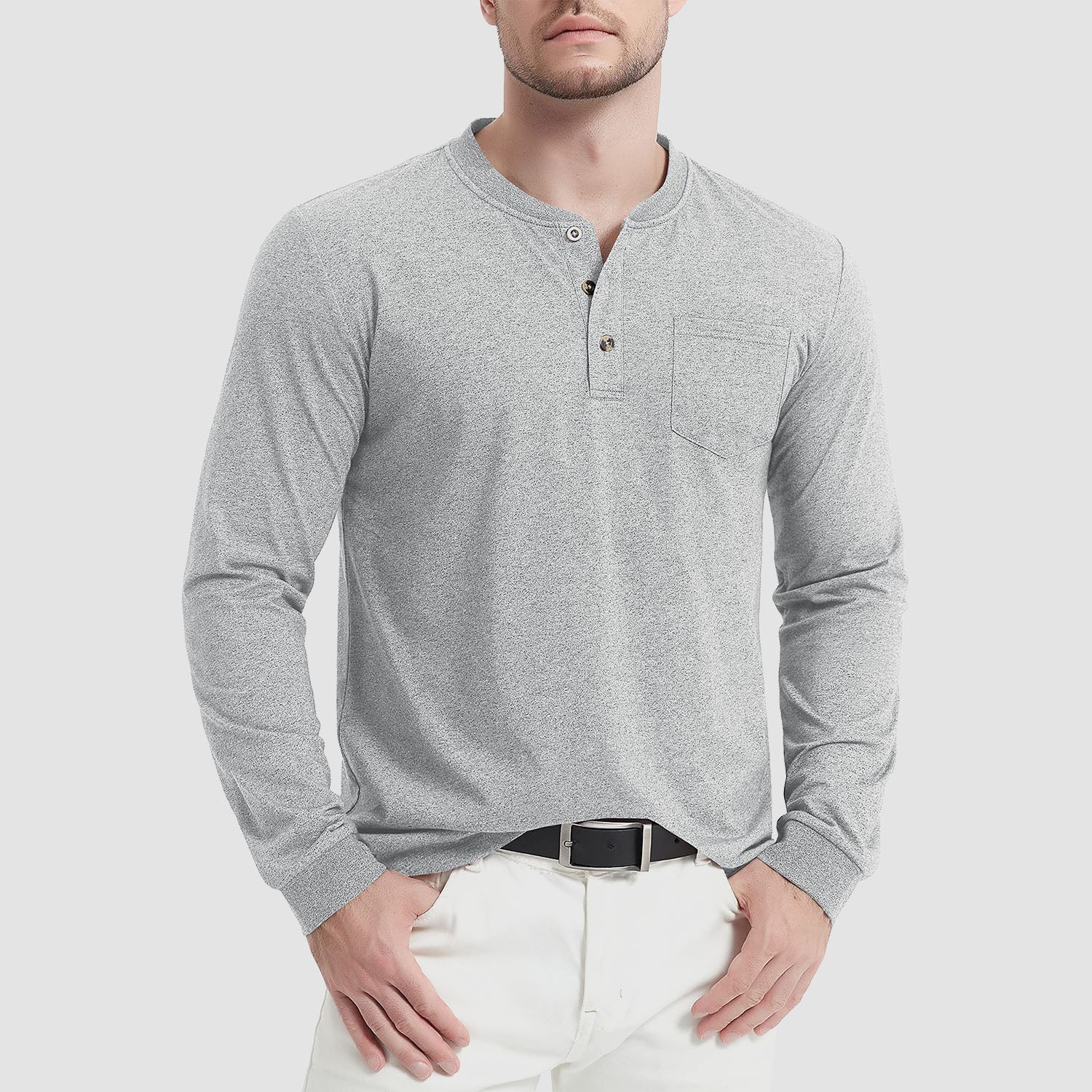 Men's classic fit long sleeve cotton Henley shirt, breathable soft-touch fabric for everyday comfort
