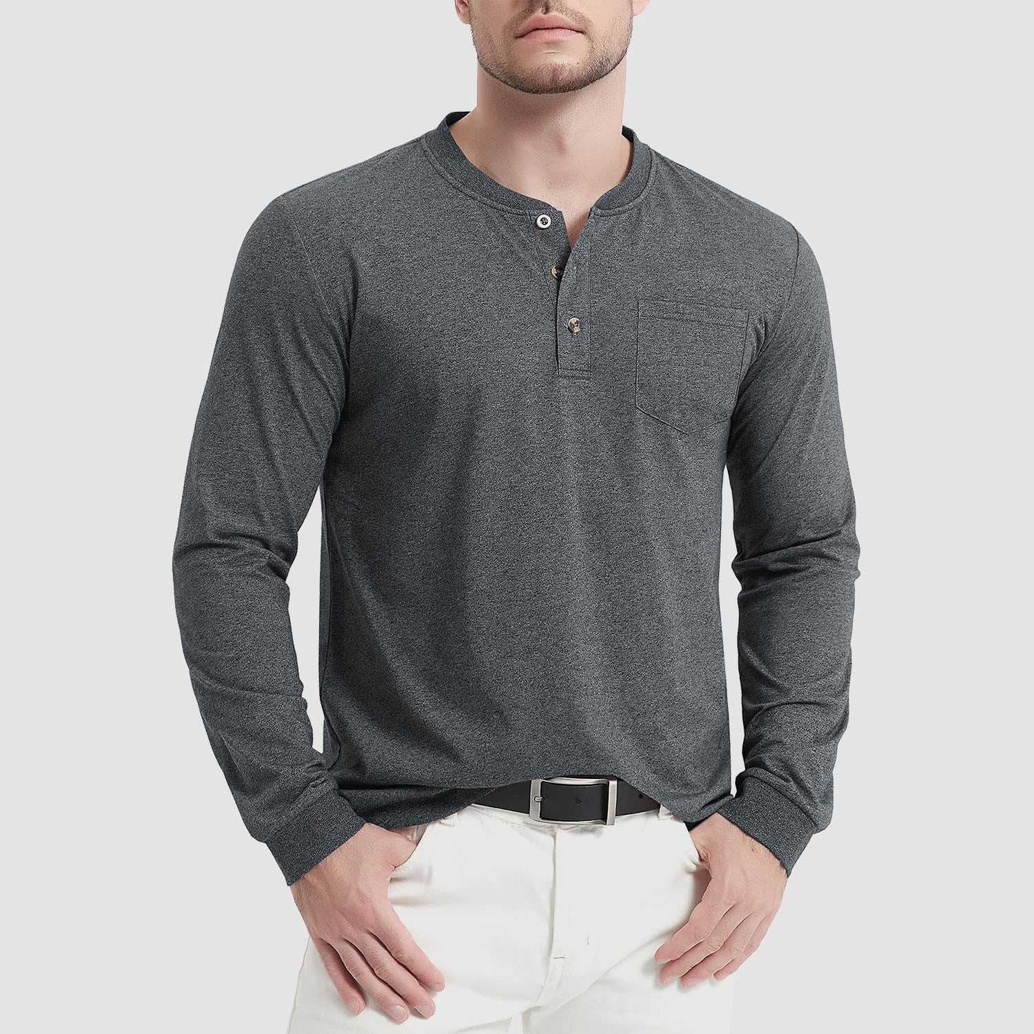 Men's classic fit cotton Henley shirt long sleeve soft breathable everyday comfort solid color