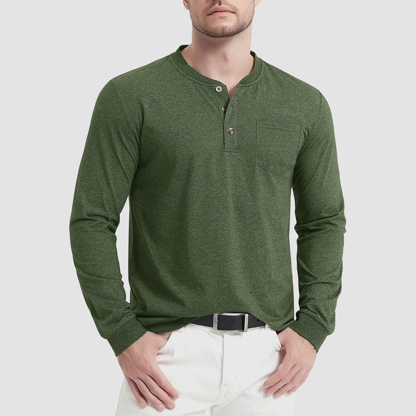 Men's classic fit long sleeve cotton Henley shirt, breathable soft-touch fabric for everyday comfort