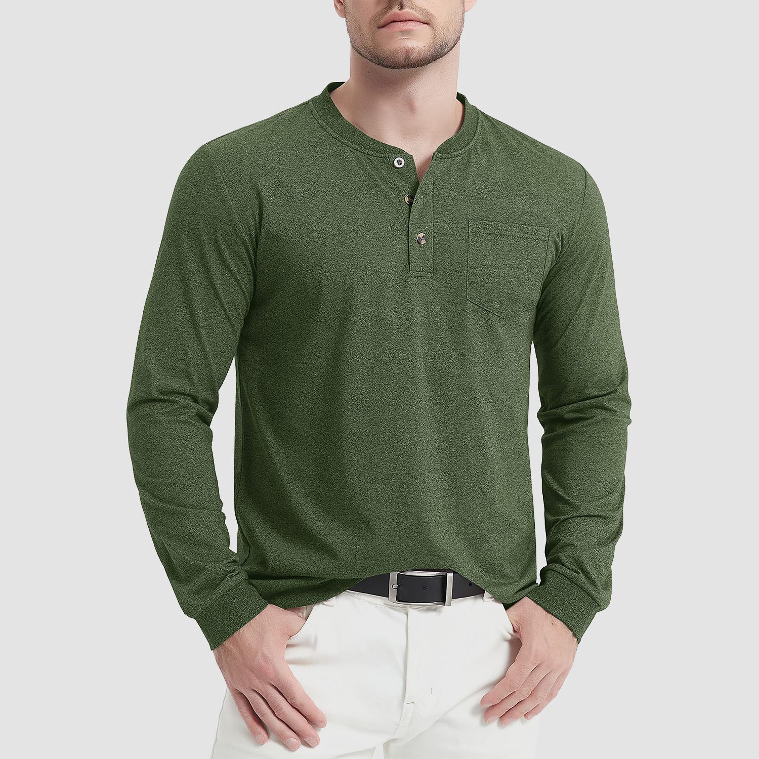 Men's classic fit long sleeve cotton Henley shirt, breathable soft-touch fabric for everyday comfort