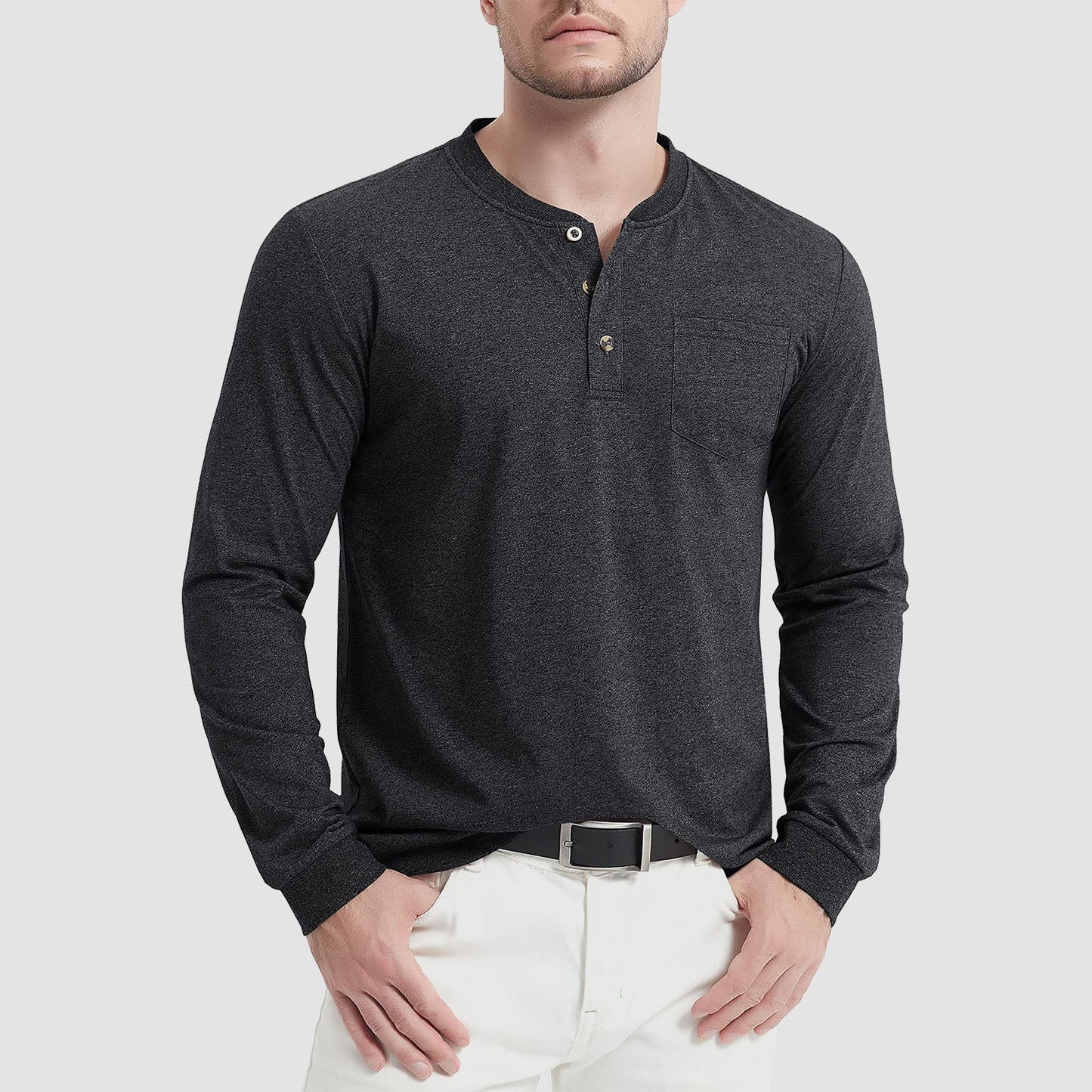 Men's classic fit cotton Henley shirt long sleeve breathable soft touch everyday comfort