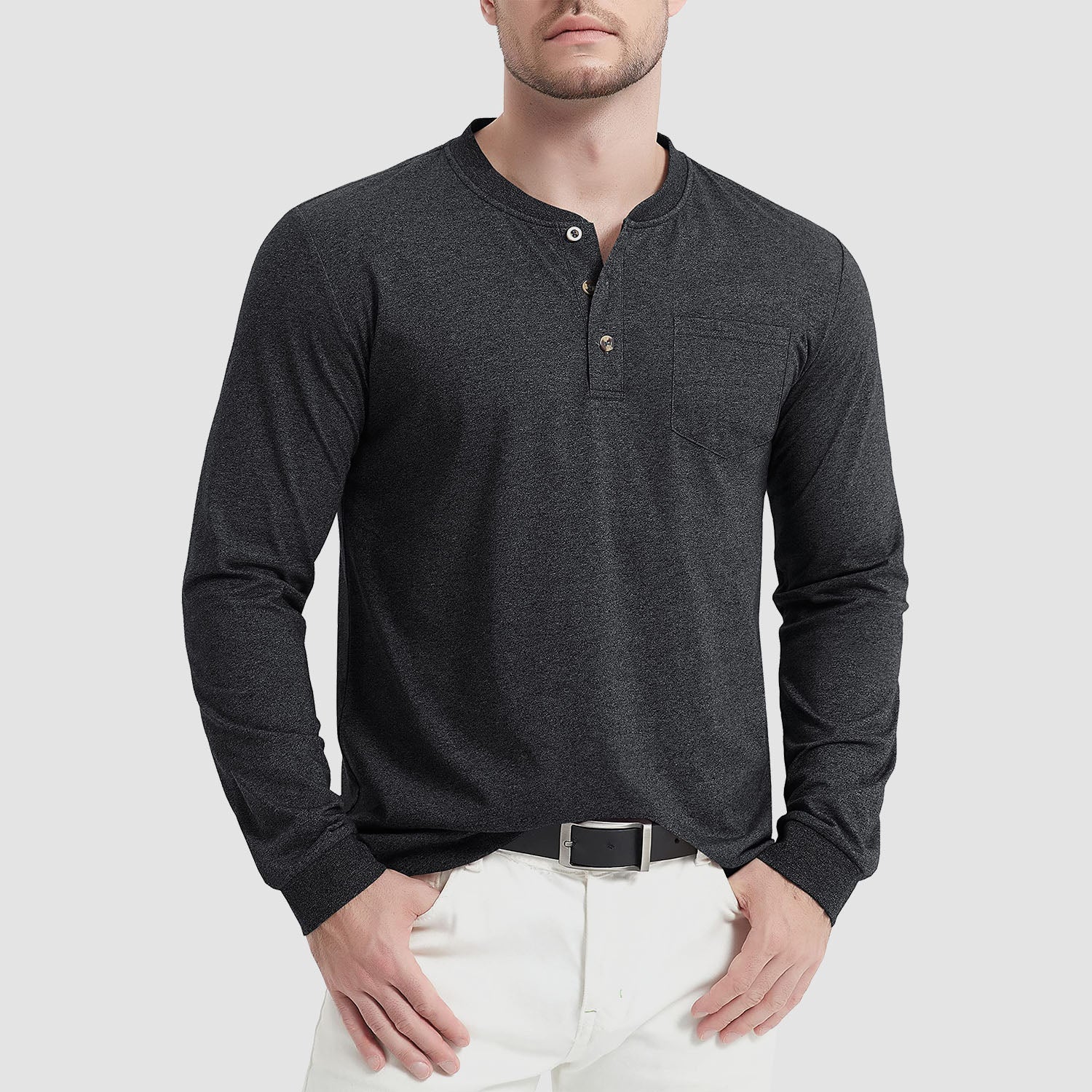 Men's classic fit cotton Henley shirt long sleeve breathable soft touch everyday comfort