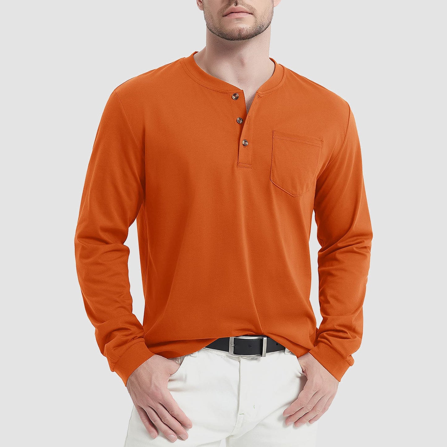 Men's classic fit cotton Henley shirt long sleeve breathable soft everyday comfort solid color