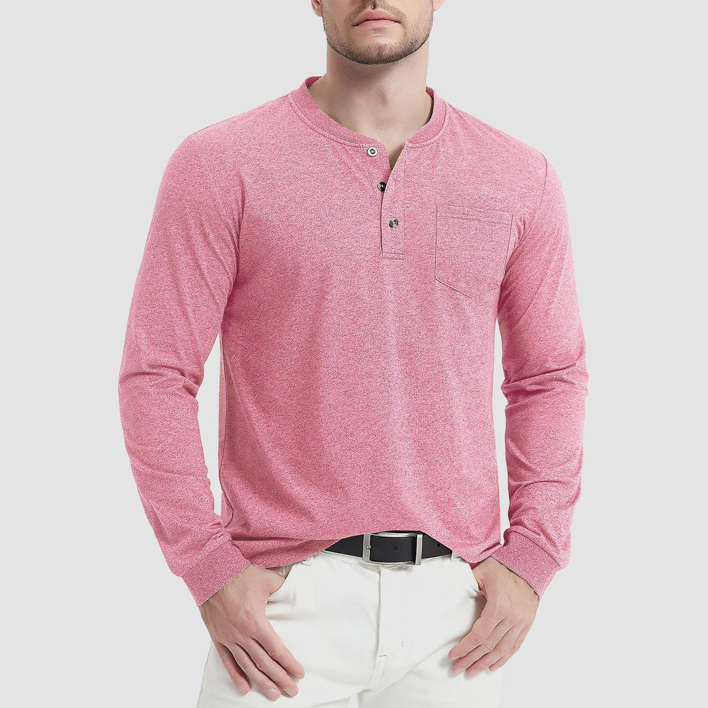 Men's classic fit long sleeve cotton Henley shirt, breathable soft-touch fabric for everyday comfort