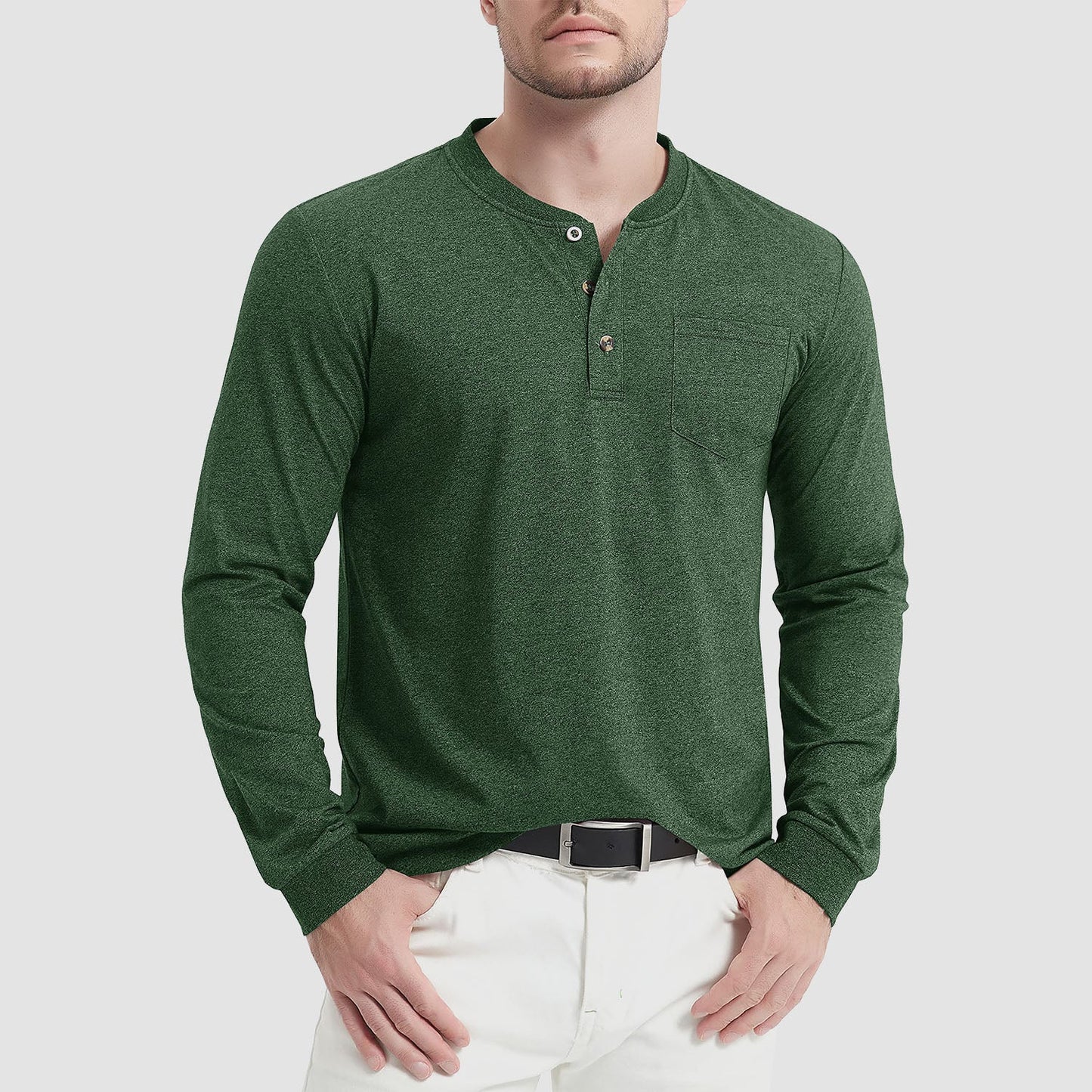 Men's classic fit long sleeve cotton Henley shirt, breathable soft-touch fabric for everyday comfort