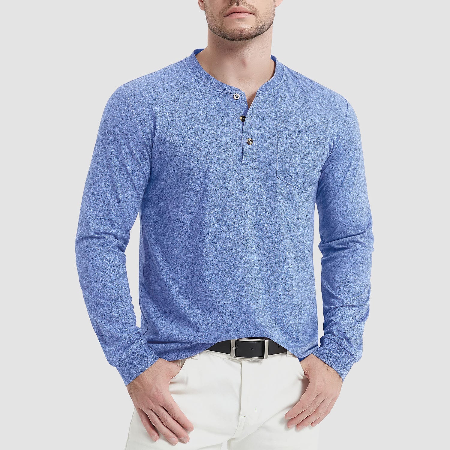 Men's classic fit long sleeve cotton Henley shirt, soft breathable everyday comfort tee